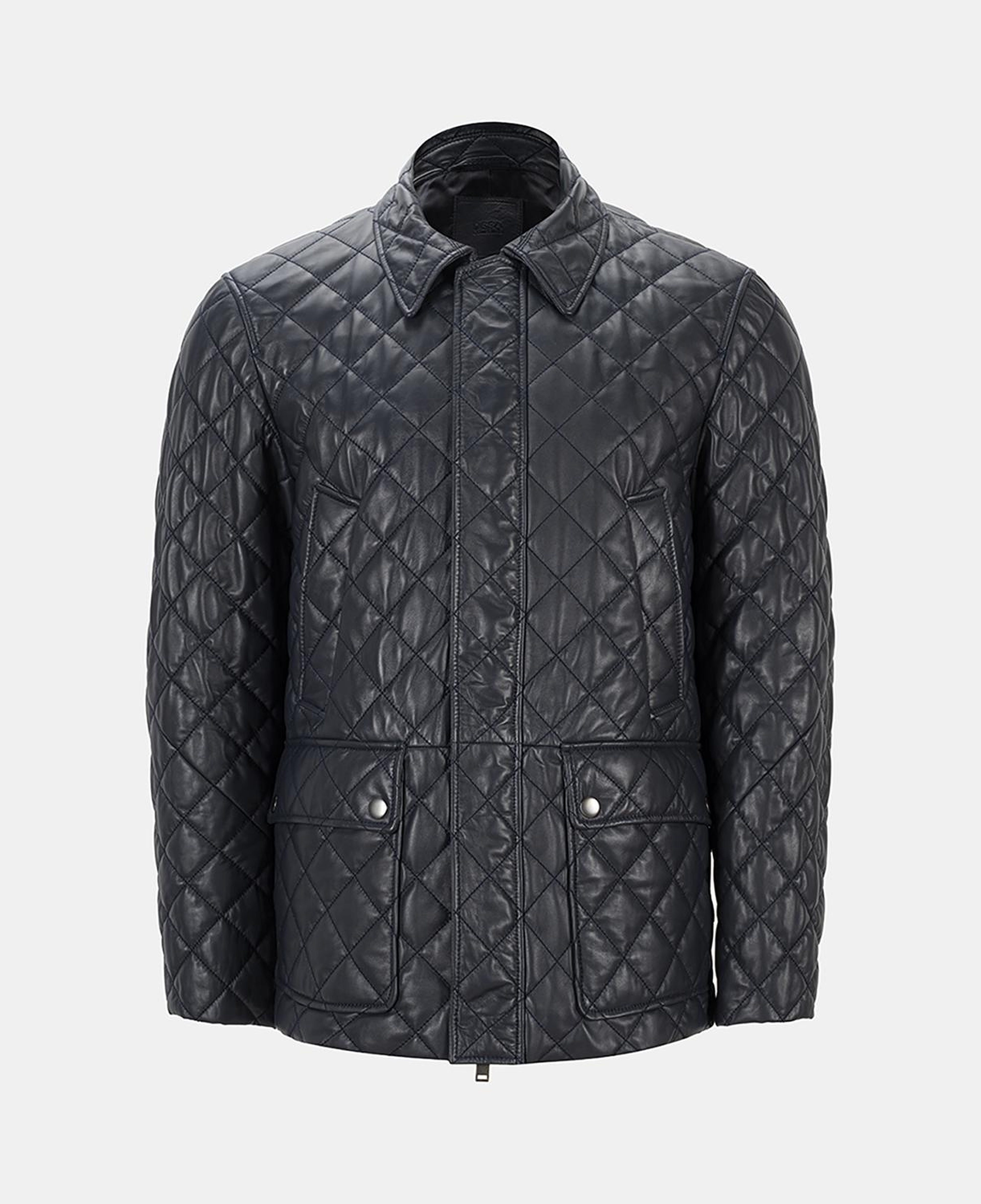 Erkek Lacivert Gömlek Yakalı Kapitoneli Deri Mont