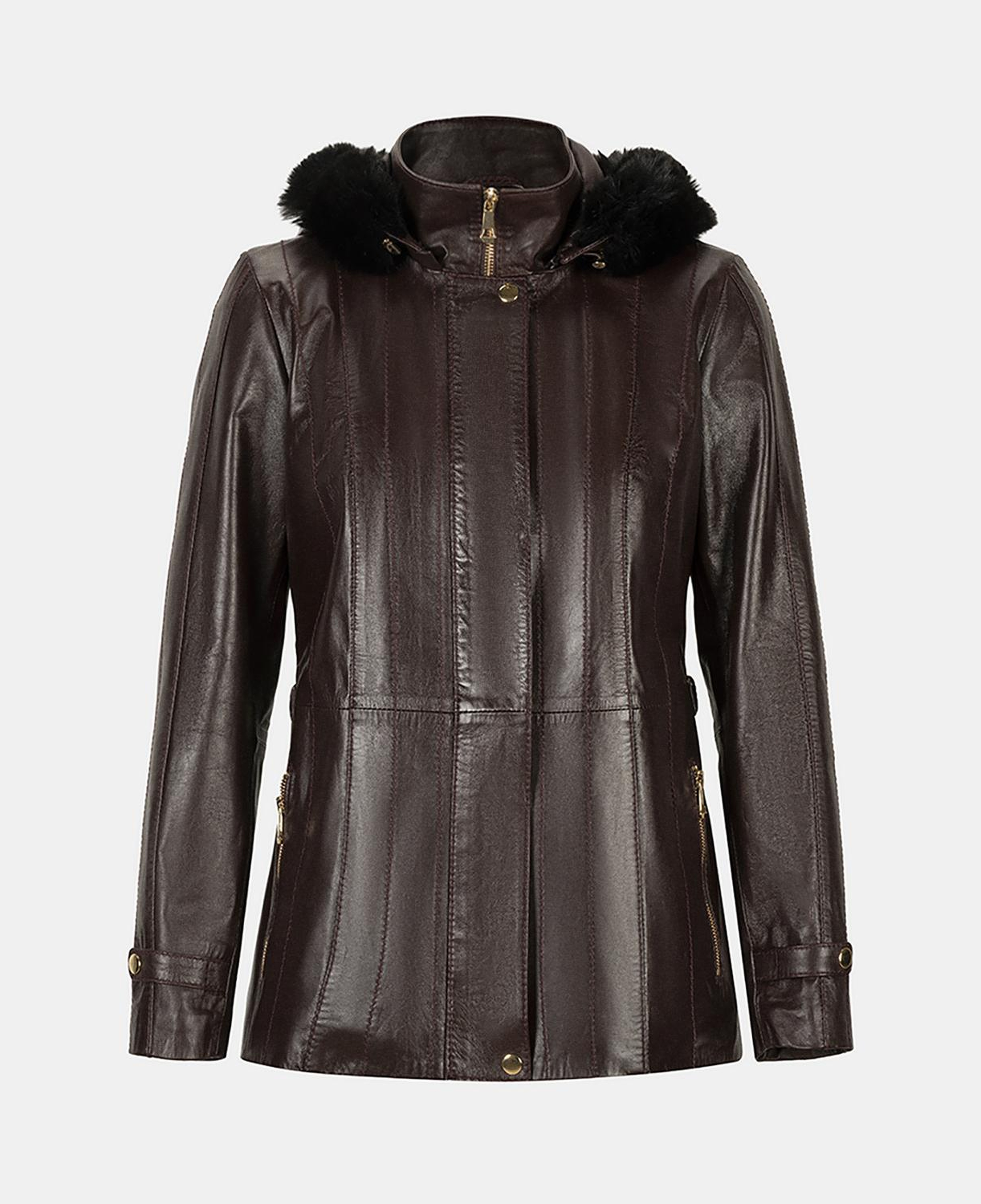 Kadın Bordo Kapüşonlu Deri Mont