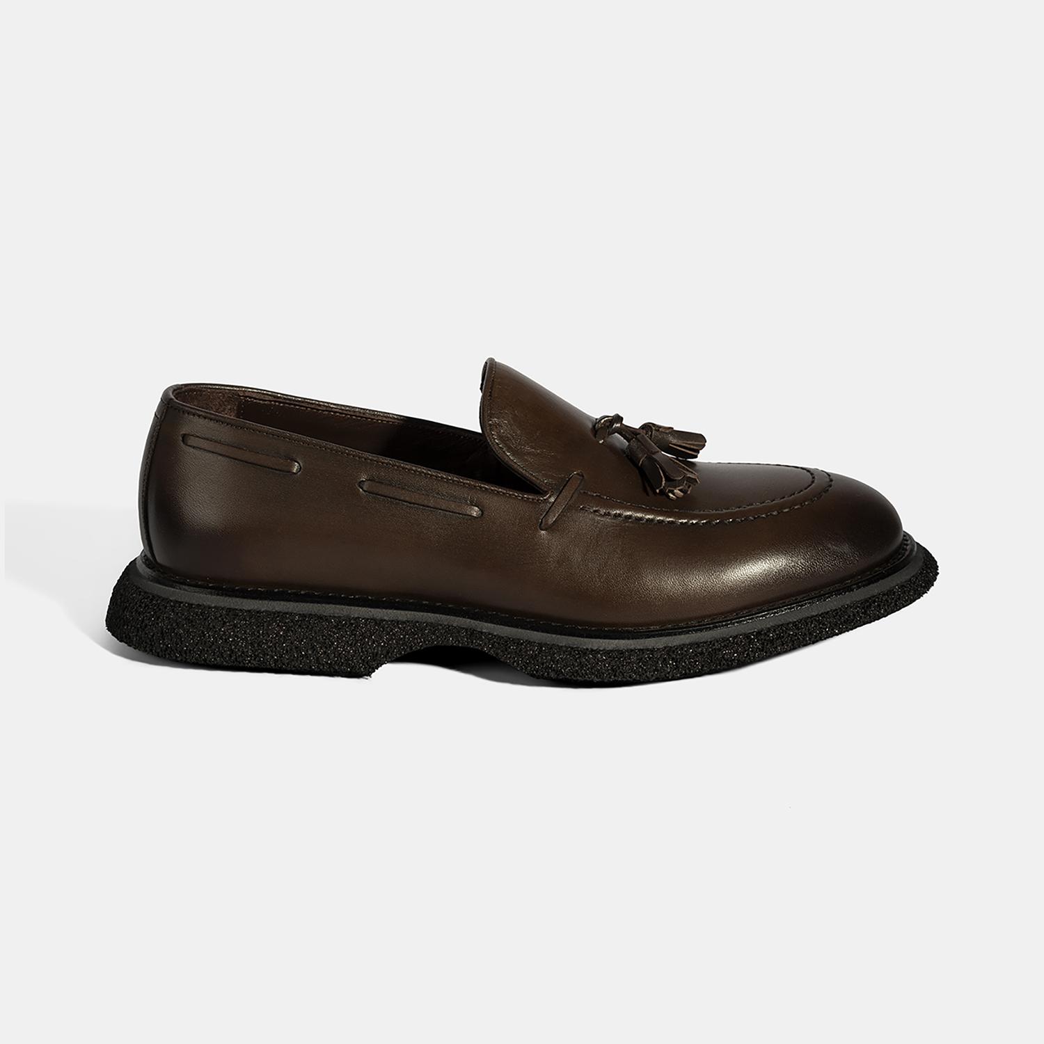 Erkek Kahve Püskül Detaylı Deri Loafer