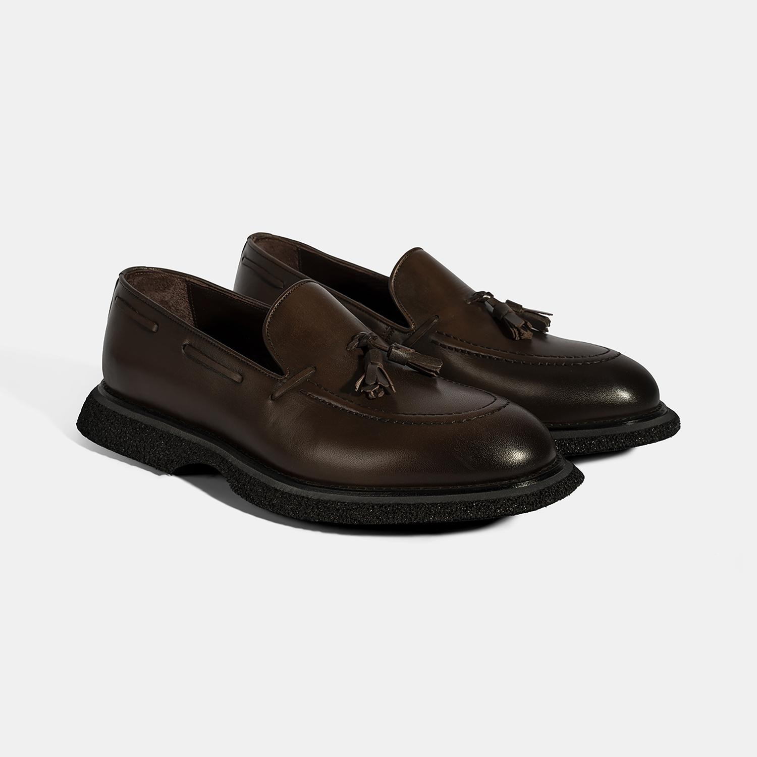 Erkek Kahve Püskül Detaylı Deri Loafer