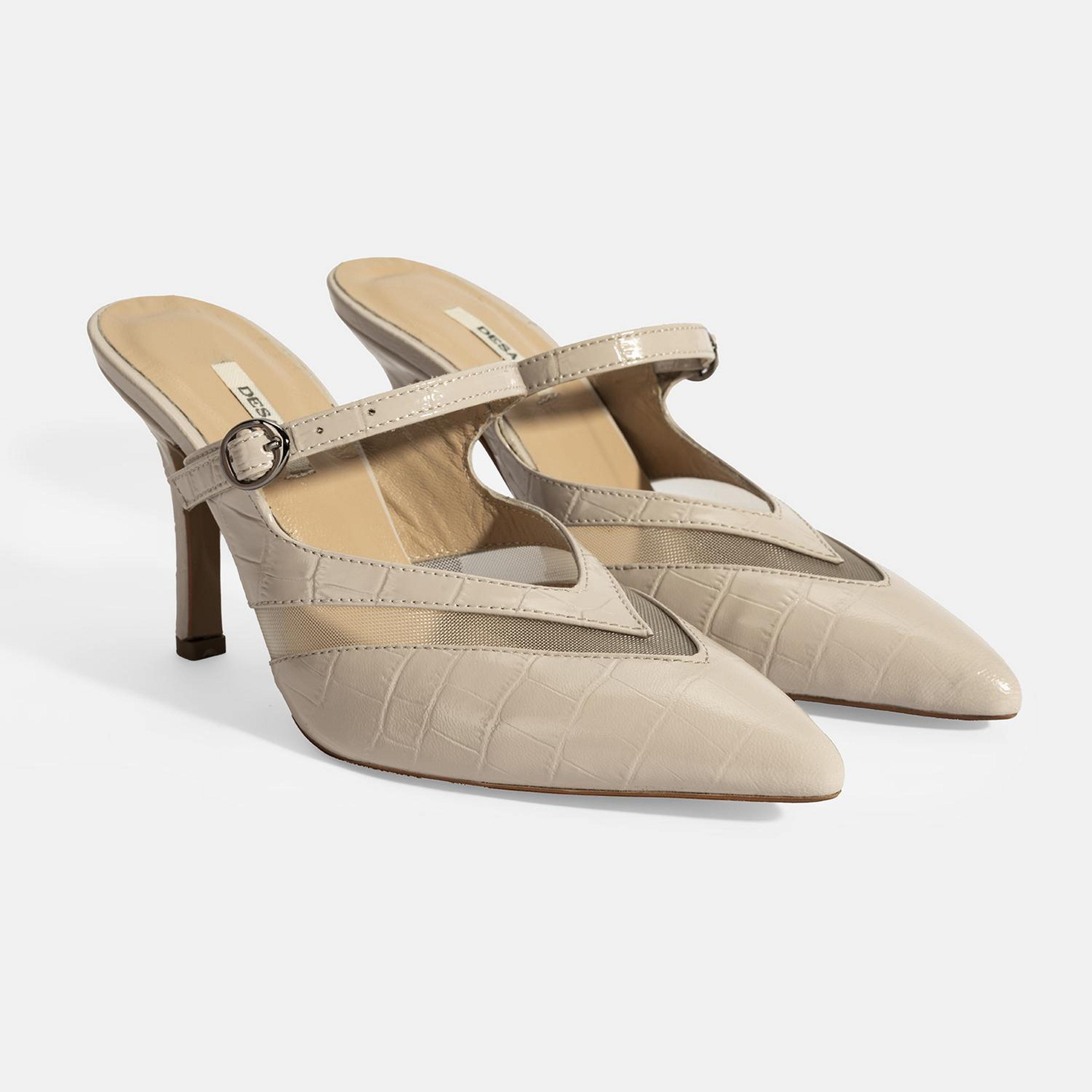 Kadın Krem Ayarlanabilir Tokalı Deri Abiye Topuklu Terlik