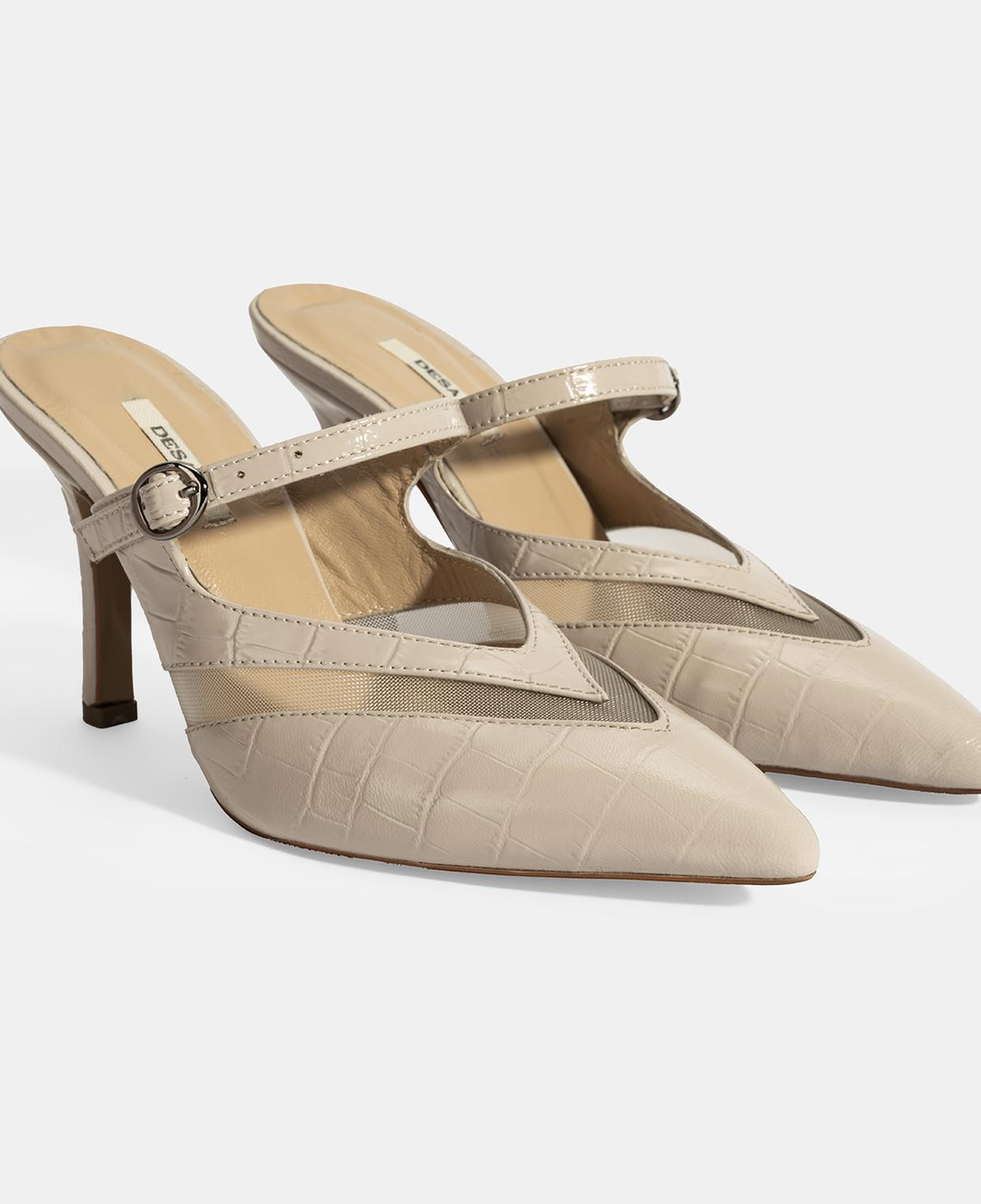 Kadın Krem Ayarlanabilir Tokalı Deri Abiye Topuklu Terlik