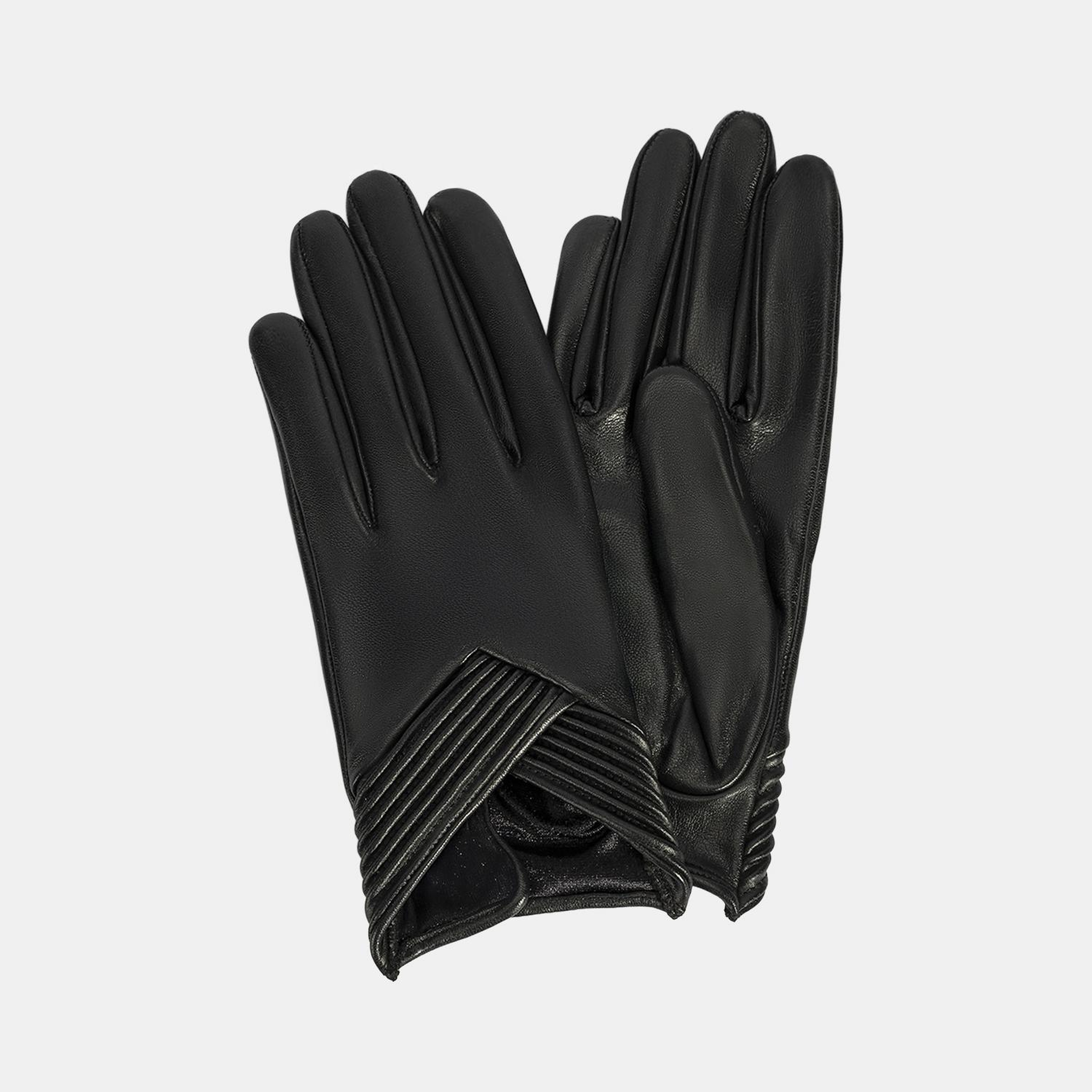 Kadın Siyah Lastik Detaylı Deri Eldiven