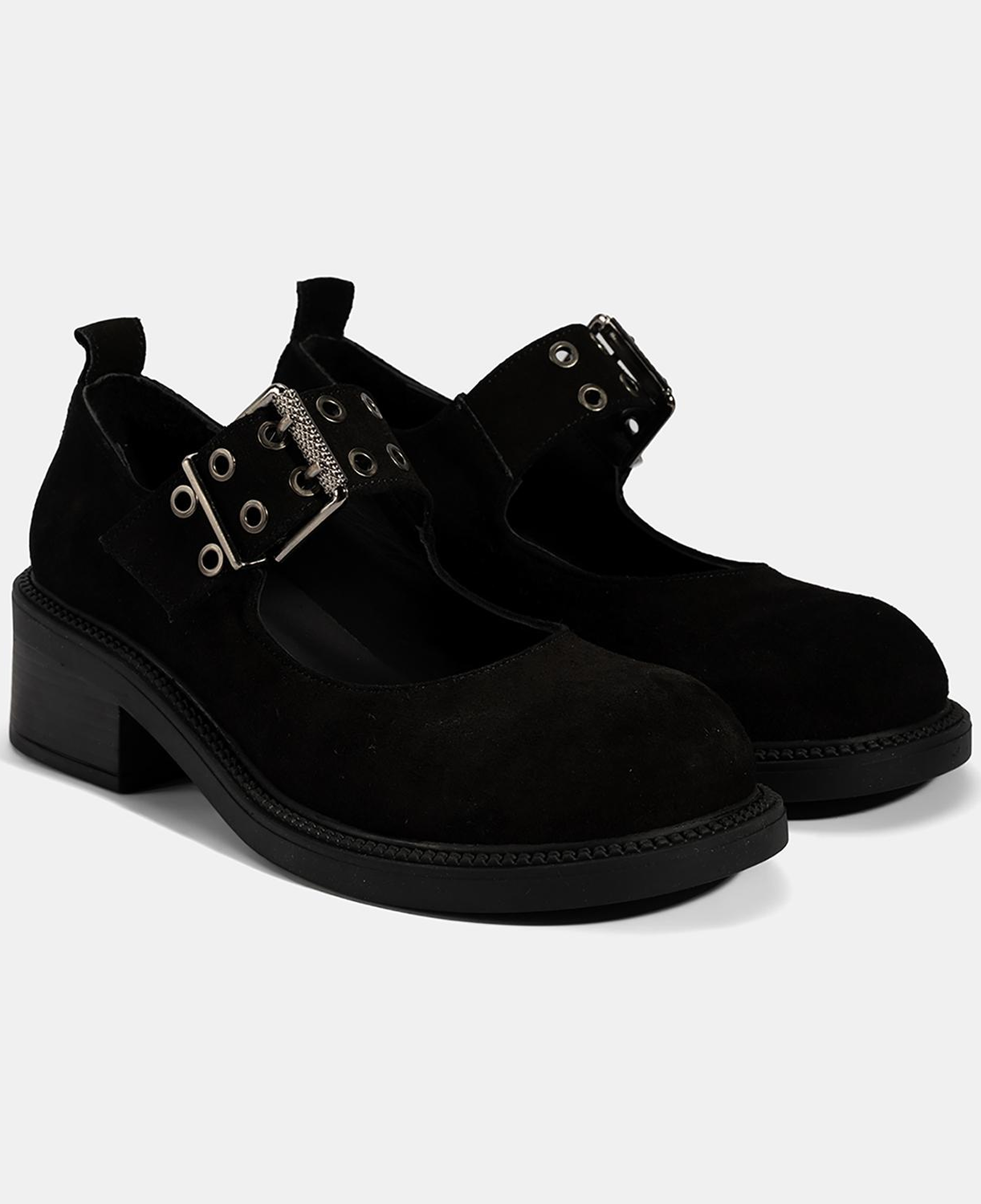 Kadın Siyah Ayarlanabilir Metal Tokalı Mary Jane Süet Ayakkabı