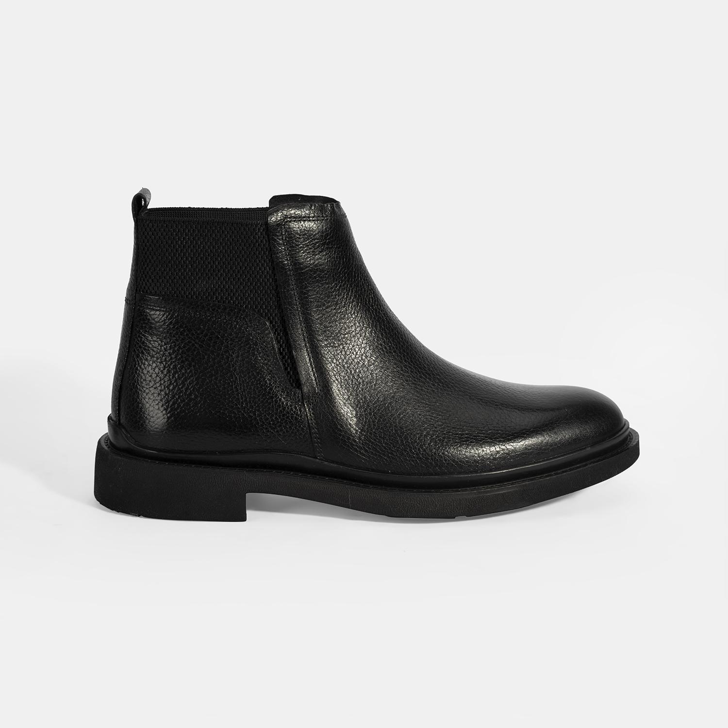 Erkek Siyah Lastik Detaylı Deri Bot