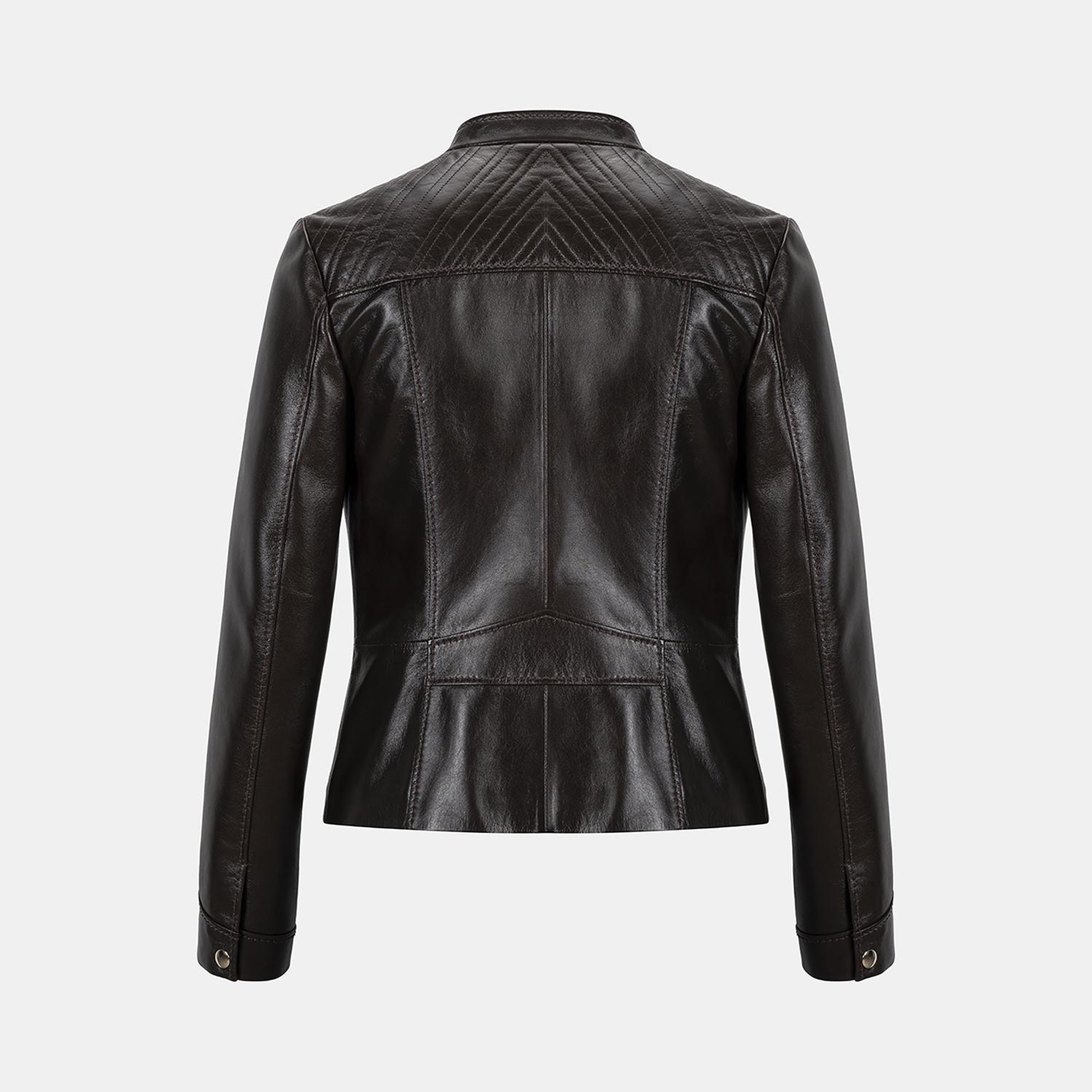 Kadın Koyu Kahve Hakim Yakalı Fit Deri Ceket