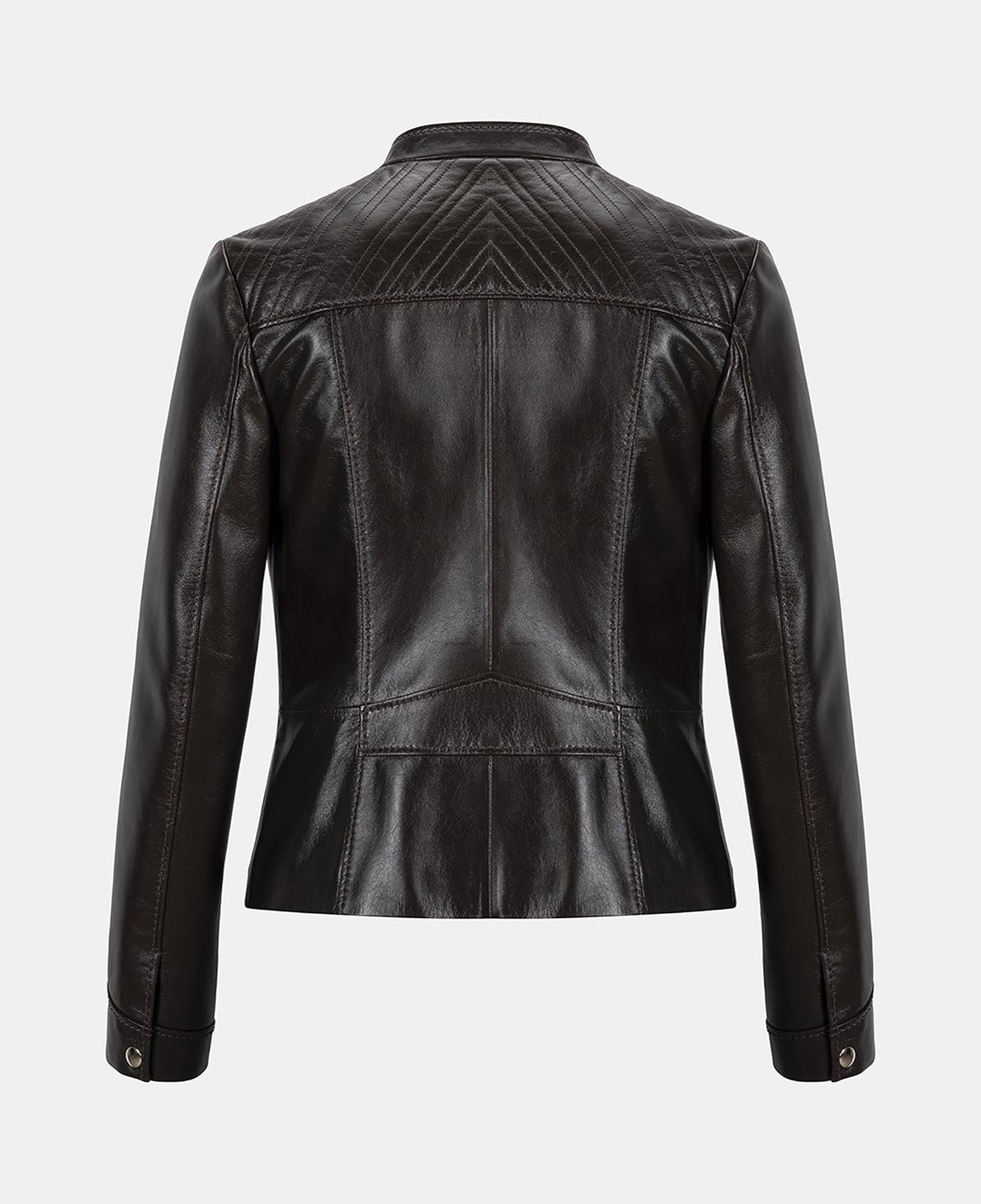 Kadın Koyu Kahve Hakim Yakalı Fit Deri Ceket