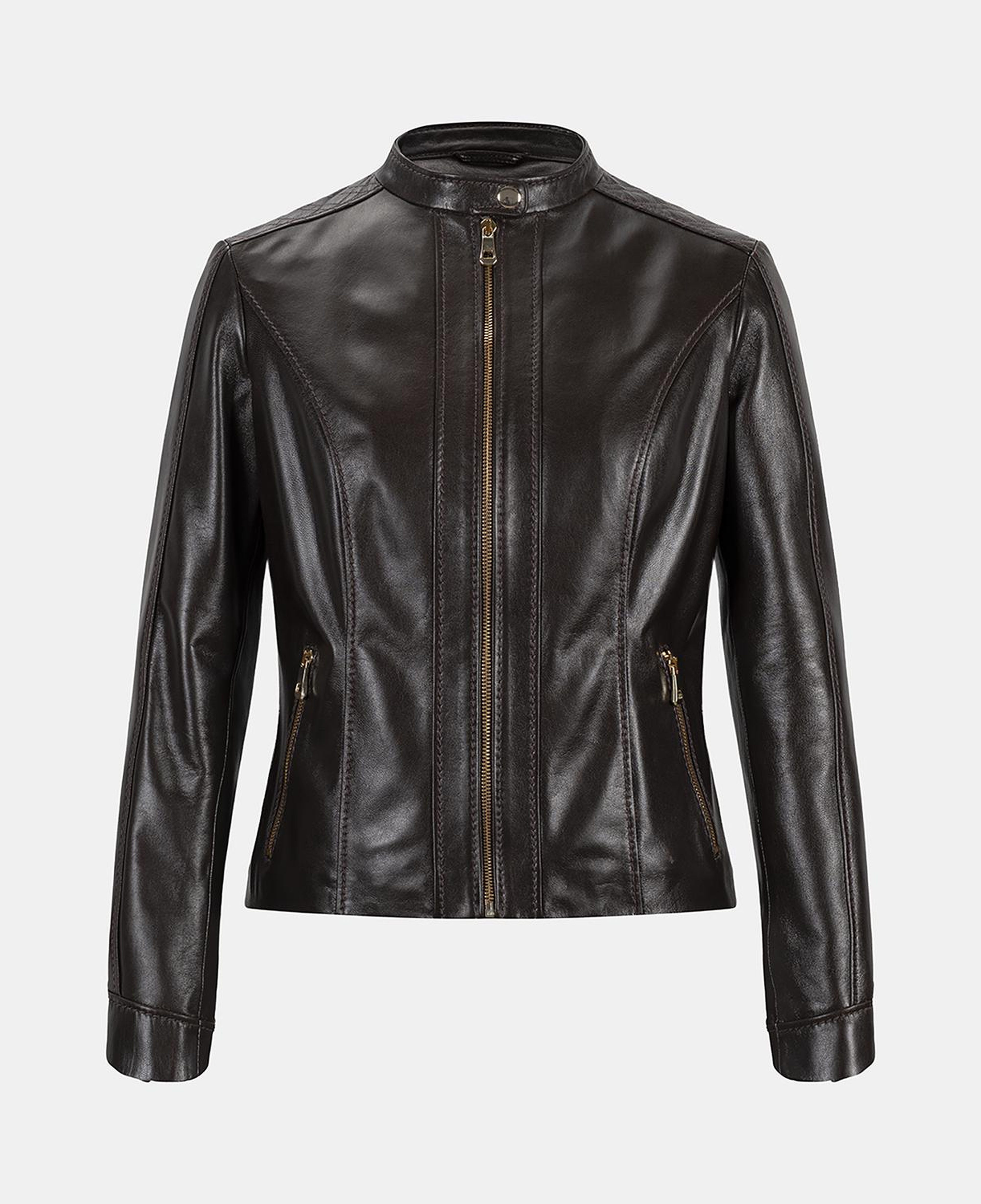 Kadın Koyu Kahve Hakim Yakalı Fit Deri Ceket