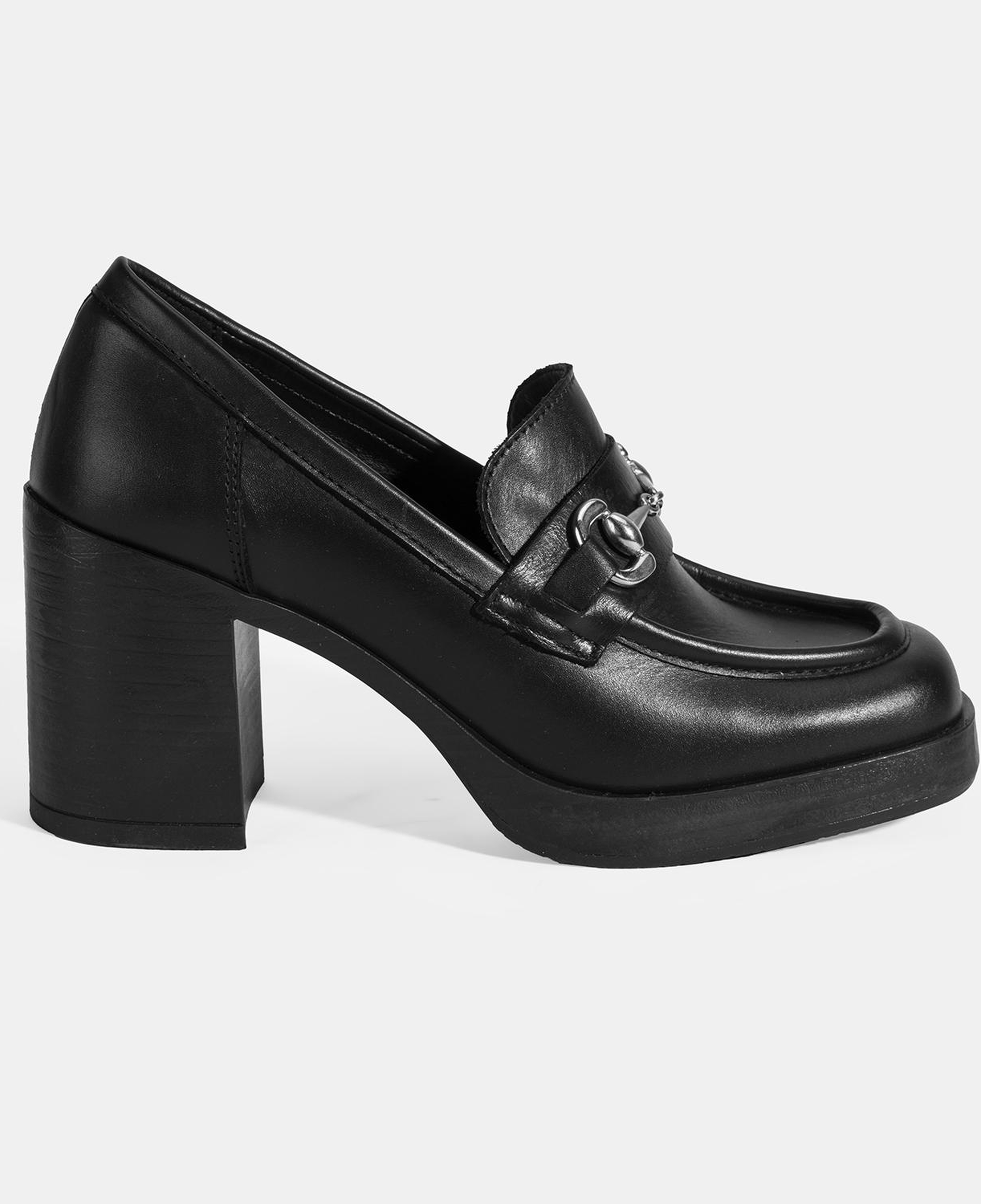 Kadın Siyah Metal Toka Detaylı Kalın Topuklu Loafer