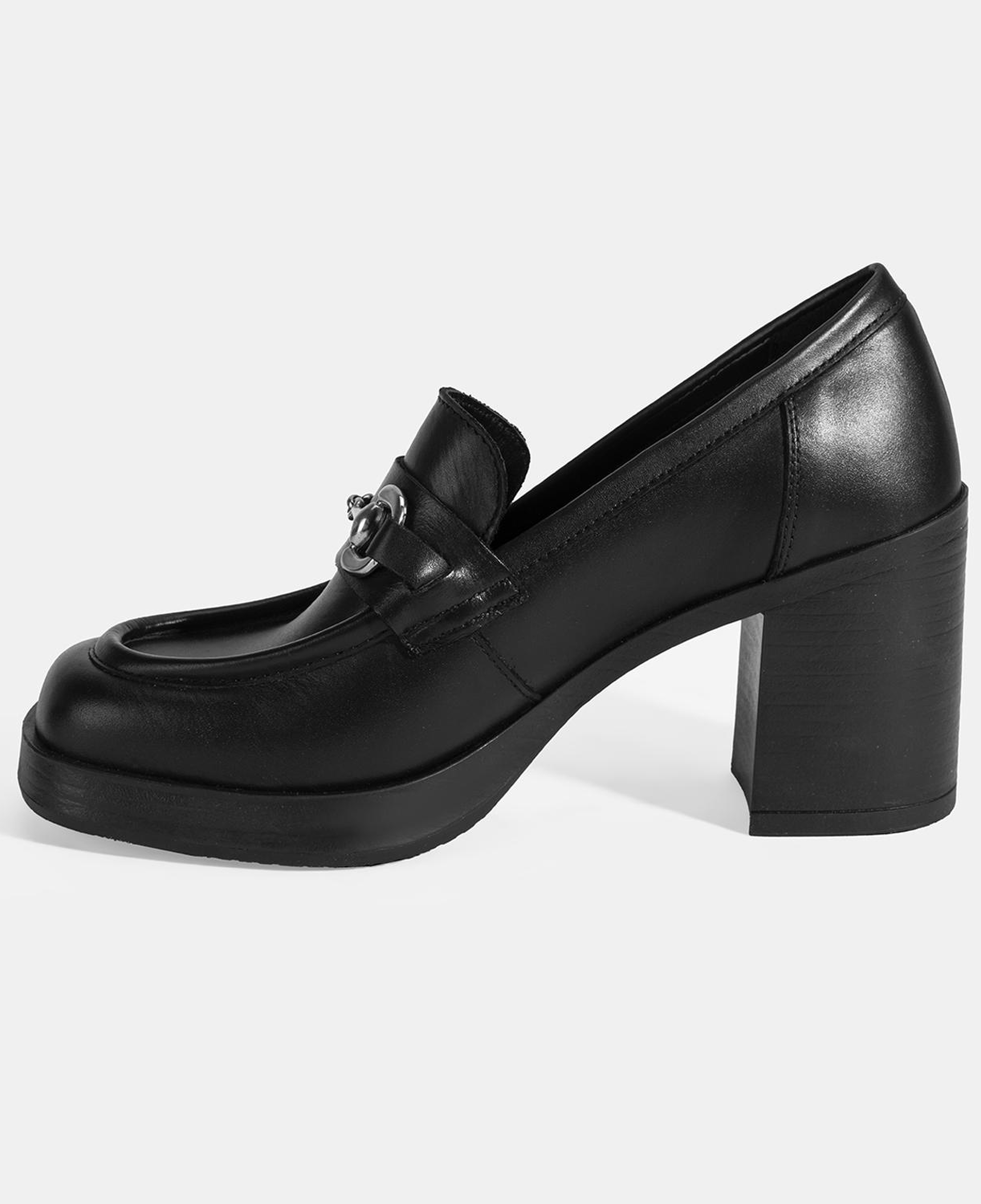 Kadın Siyah Metal Toka Detaylı Kalın Topuklu Loafer