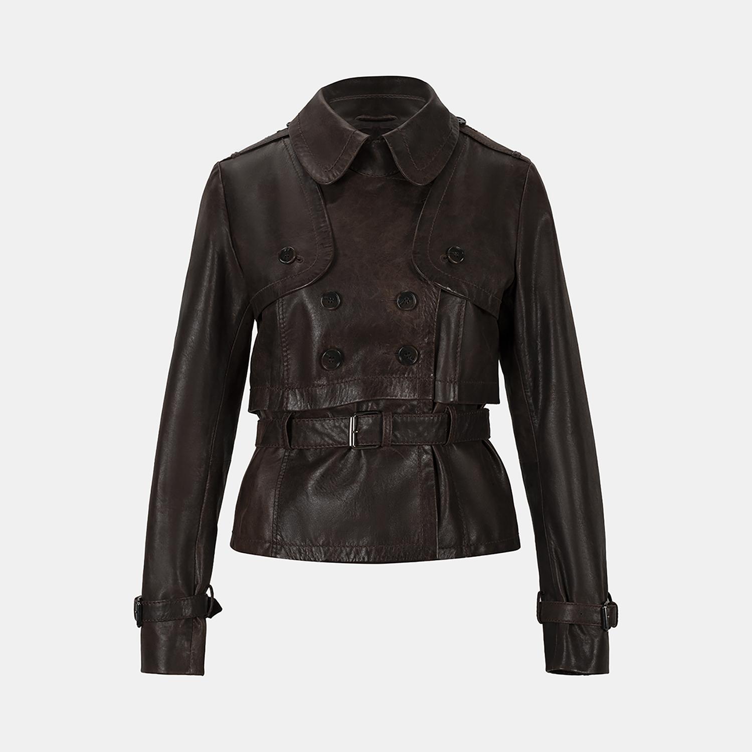 DESA Kadın Kahve Yakalı Deri Kısa Trençkot