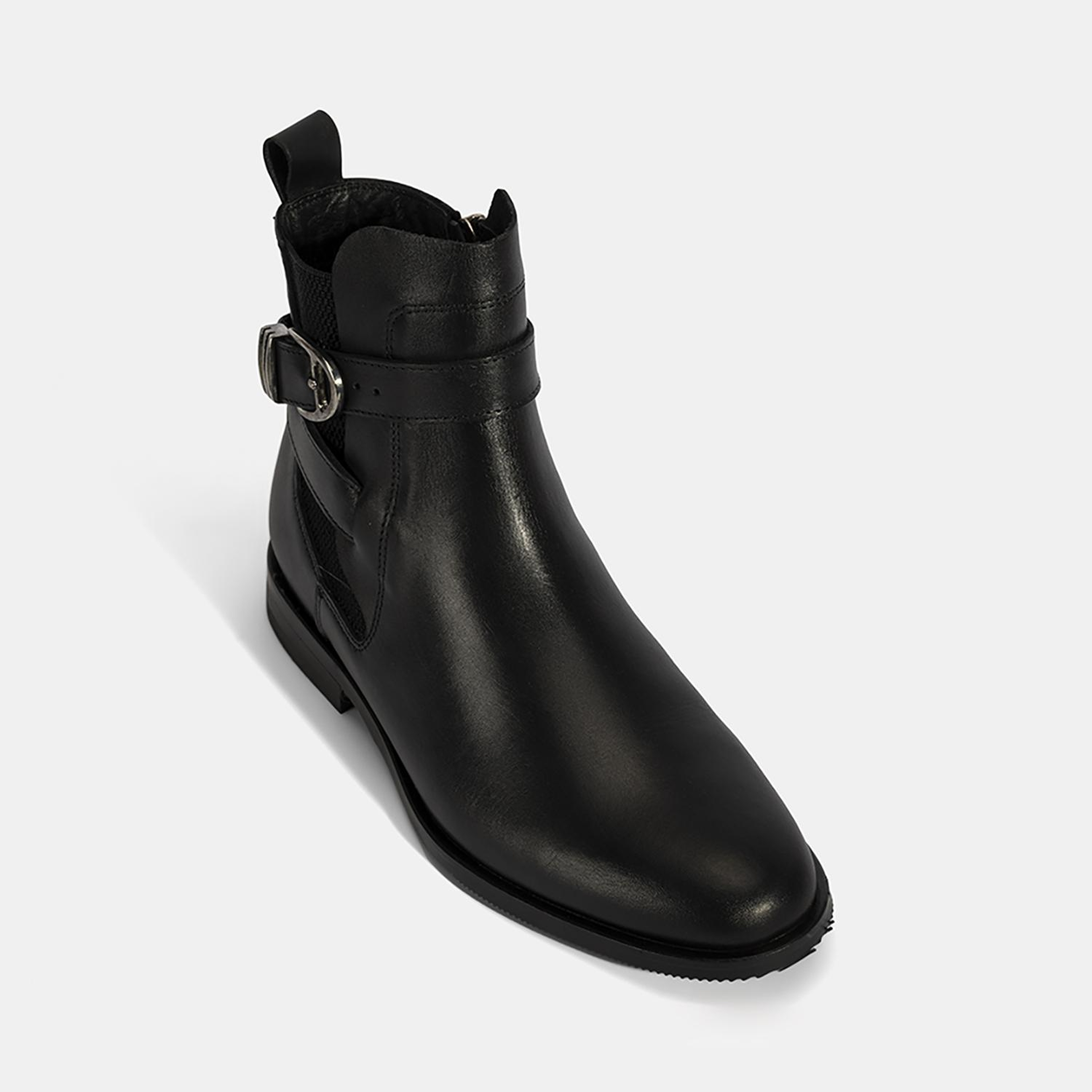 Kadın Siyah Ayarlanabilir Metal Tokalı Deri Bot