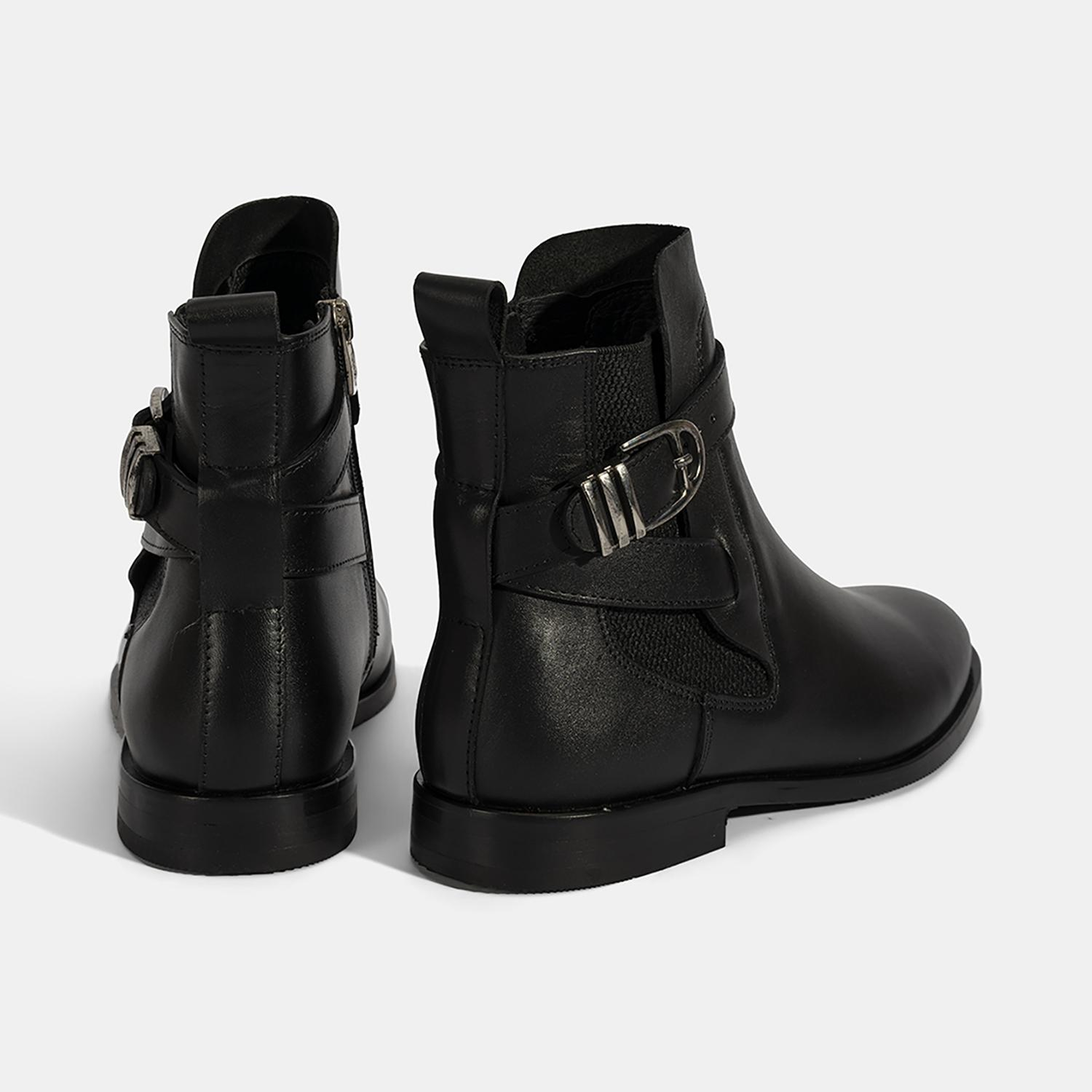 Kadın Siyah Ayarlanabilir Metal Tokalı Deri Bot