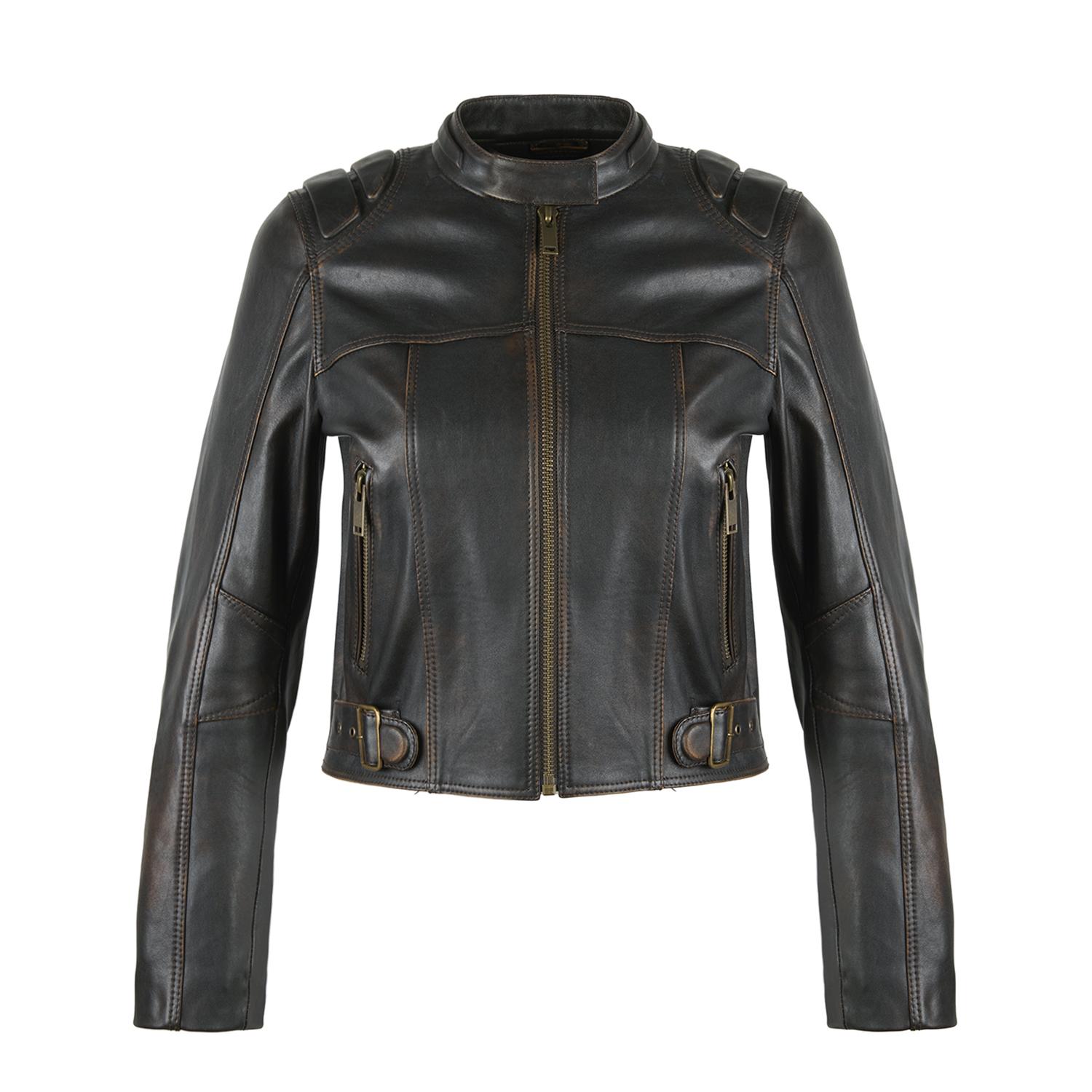 Meline Kahve Kadın Deri Biker Ceket