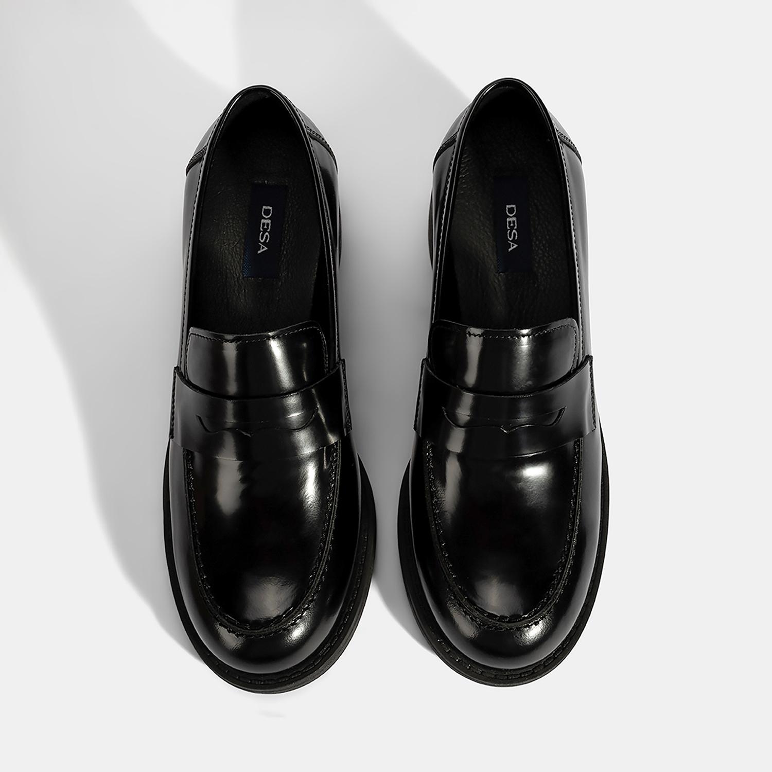 Kadın Siyah Topuklu Deri Loafer