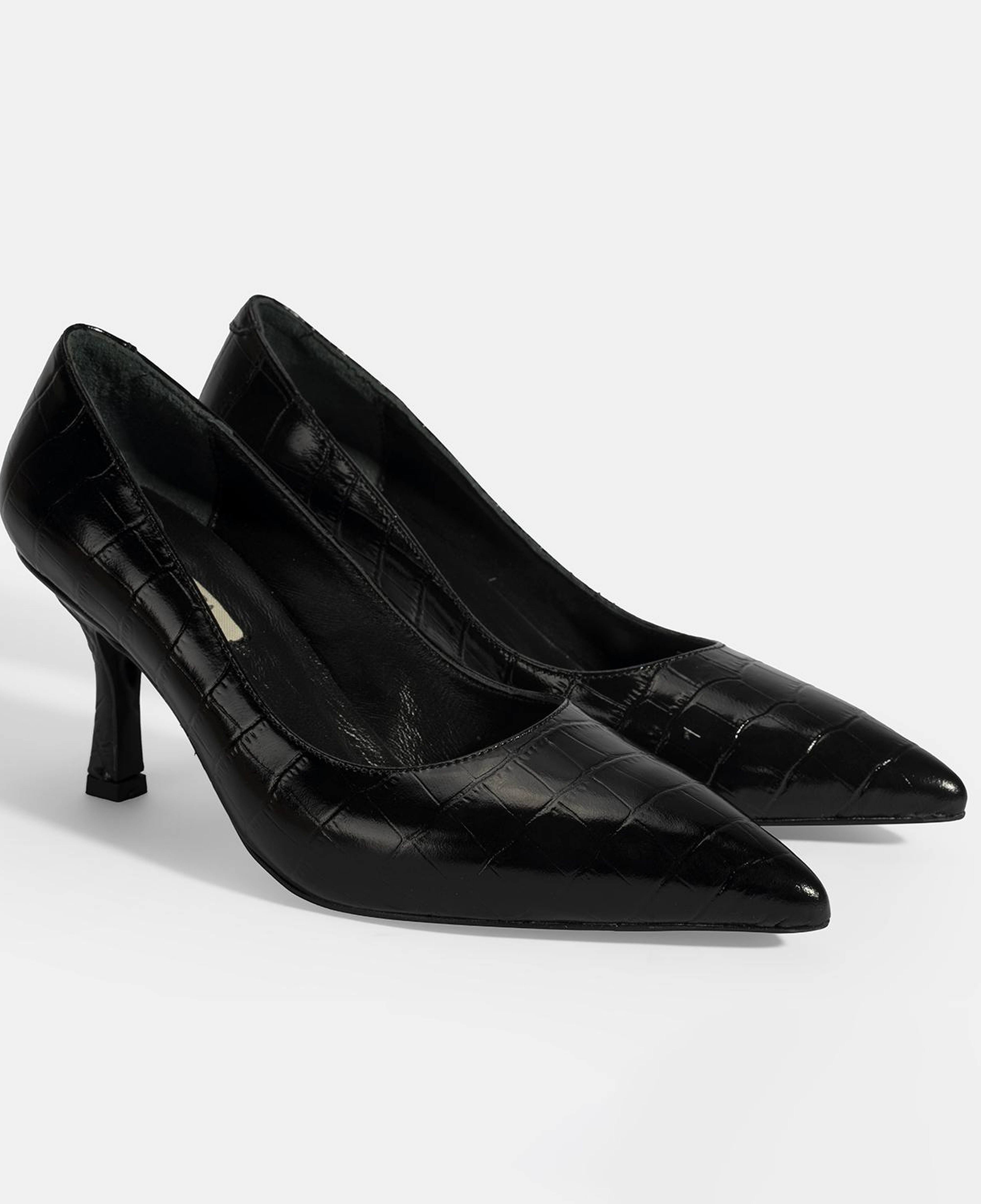 Kadın Siyah Kroko Baskılı Deri Stiletto