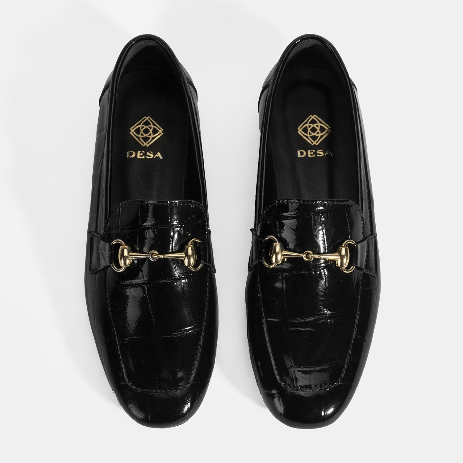 Kadın Siyah Kroko Baskılı Toka Detaylı Deri Loafer