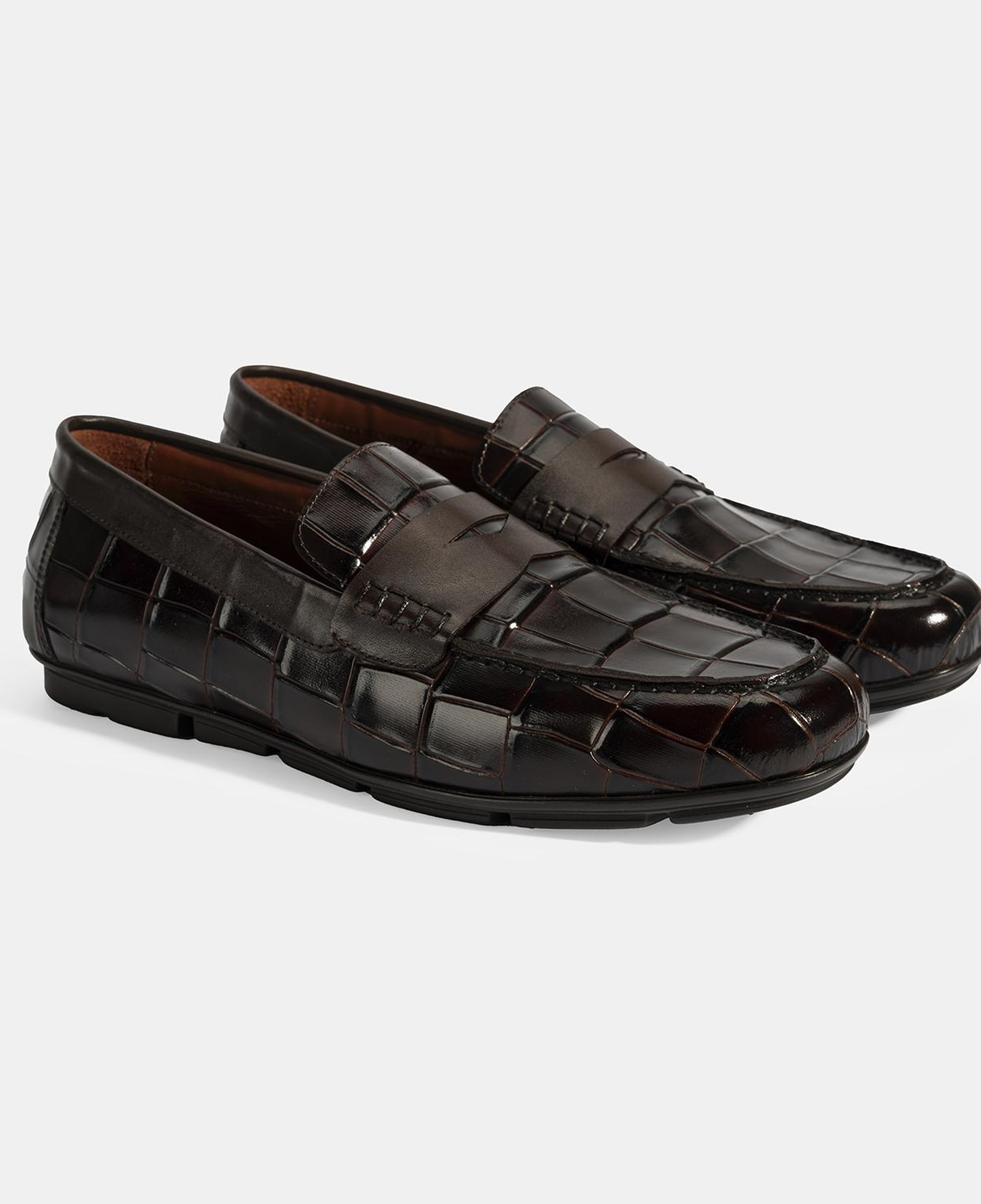 Erkek Kahve Kroko Baskılı Deri Loafer