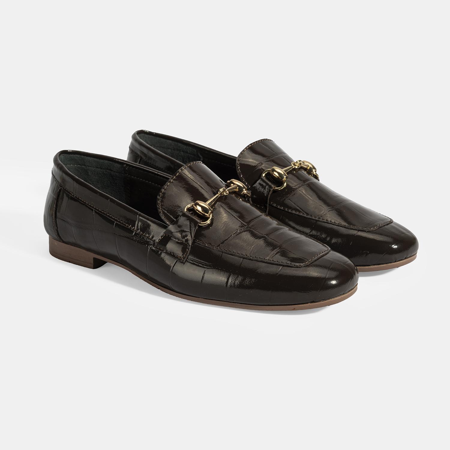 Kadın Kahve Kroko Baskılı Toka Detaylı Deri Loafer