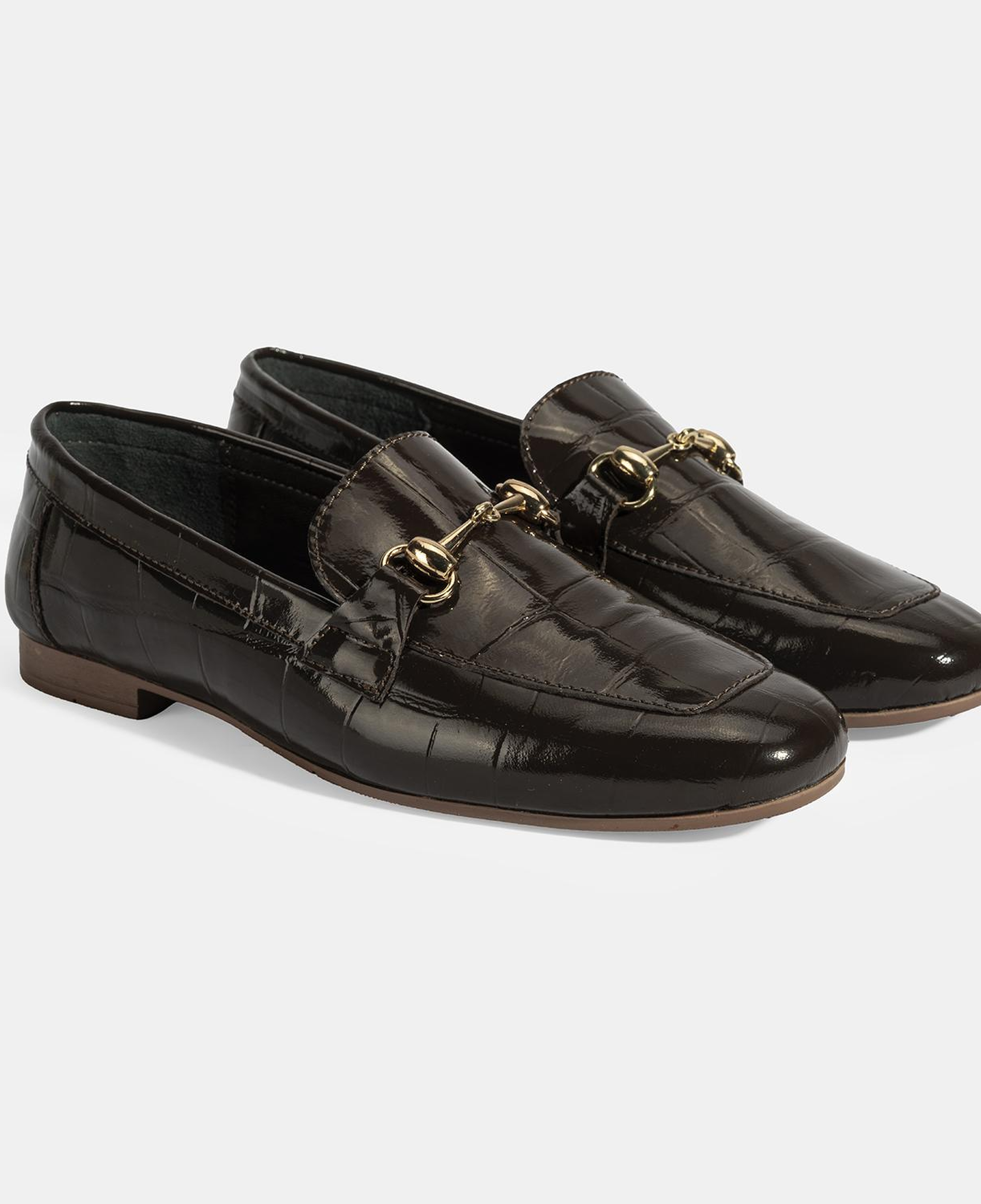 Kadın Kahve Kroko Baskılı Toka Detaylı Deri Loafer