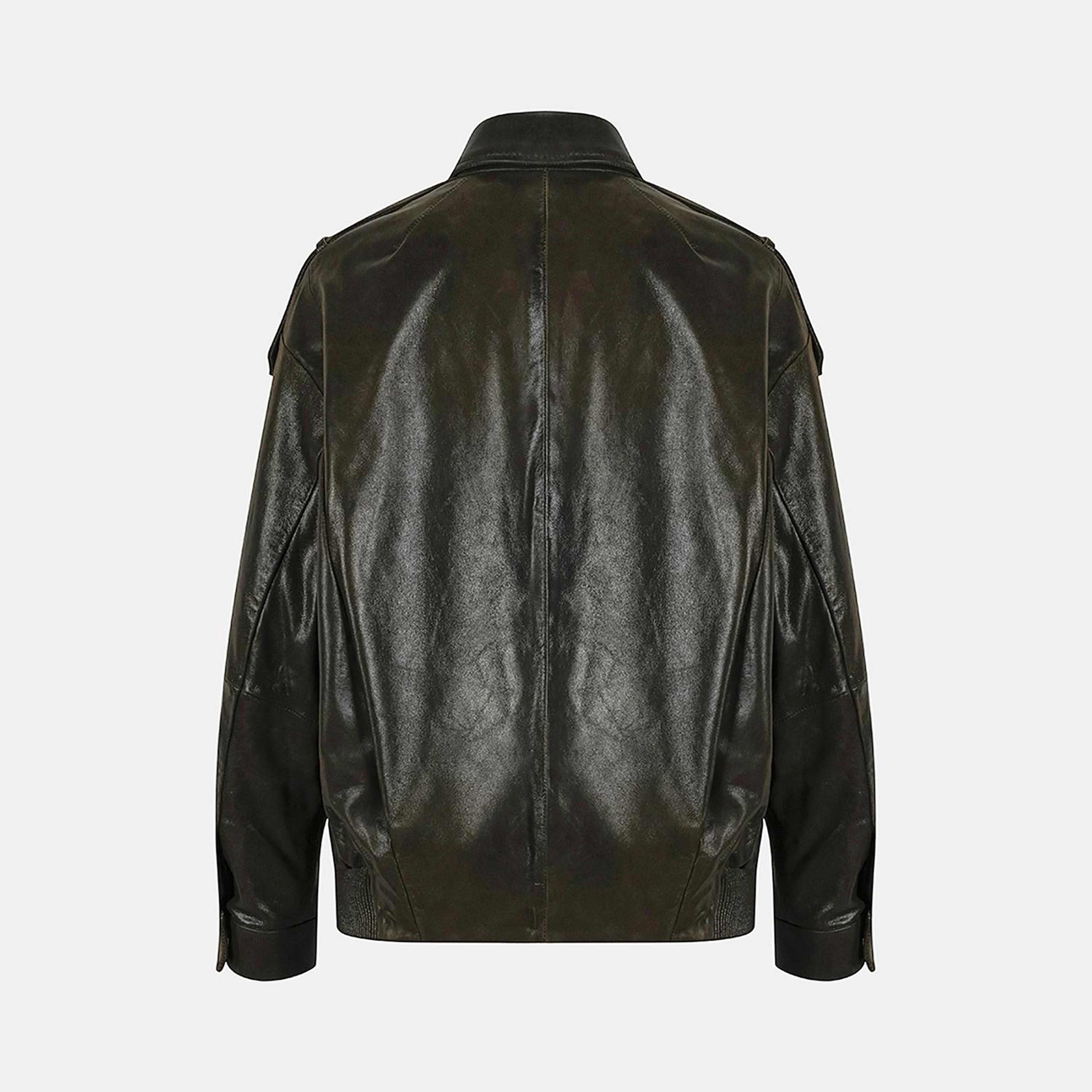 Kadın Yeşil Gömlek Yakalı Deri Bomber Ceket