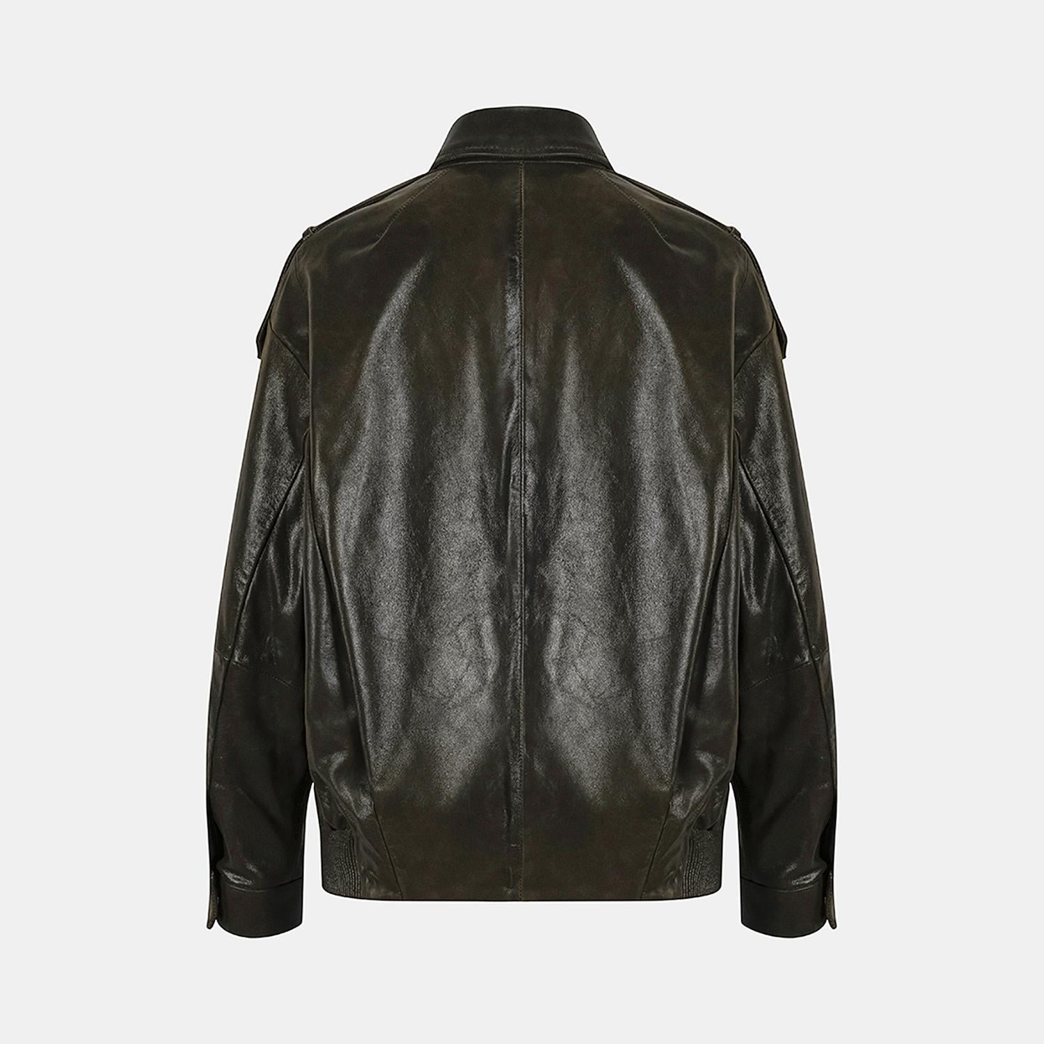 Kadın Yeşil Gömlek Yakalı Deri Bomber Ceket