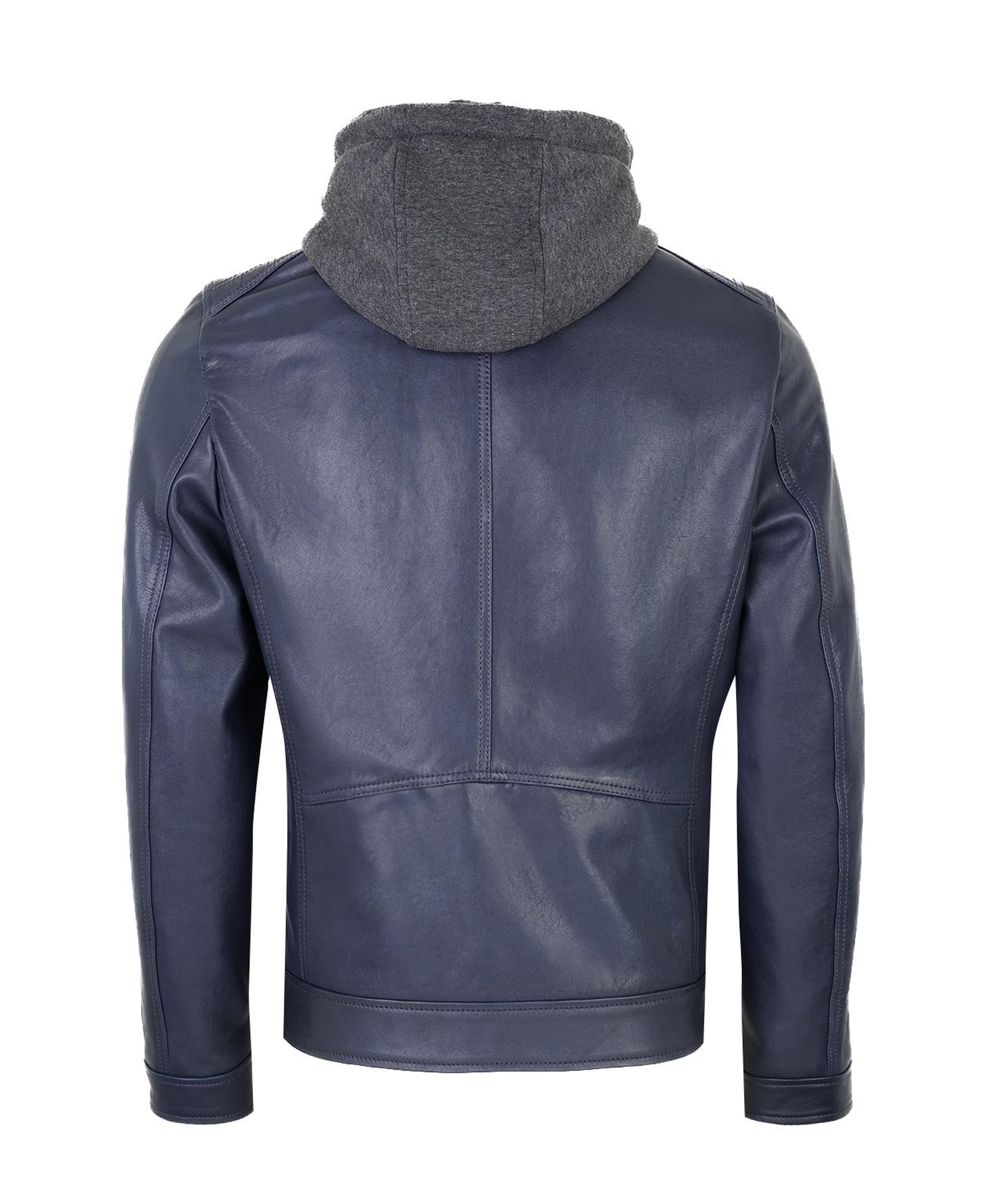 Analu Mavi Erkek Kapüşonlu Deri Mont