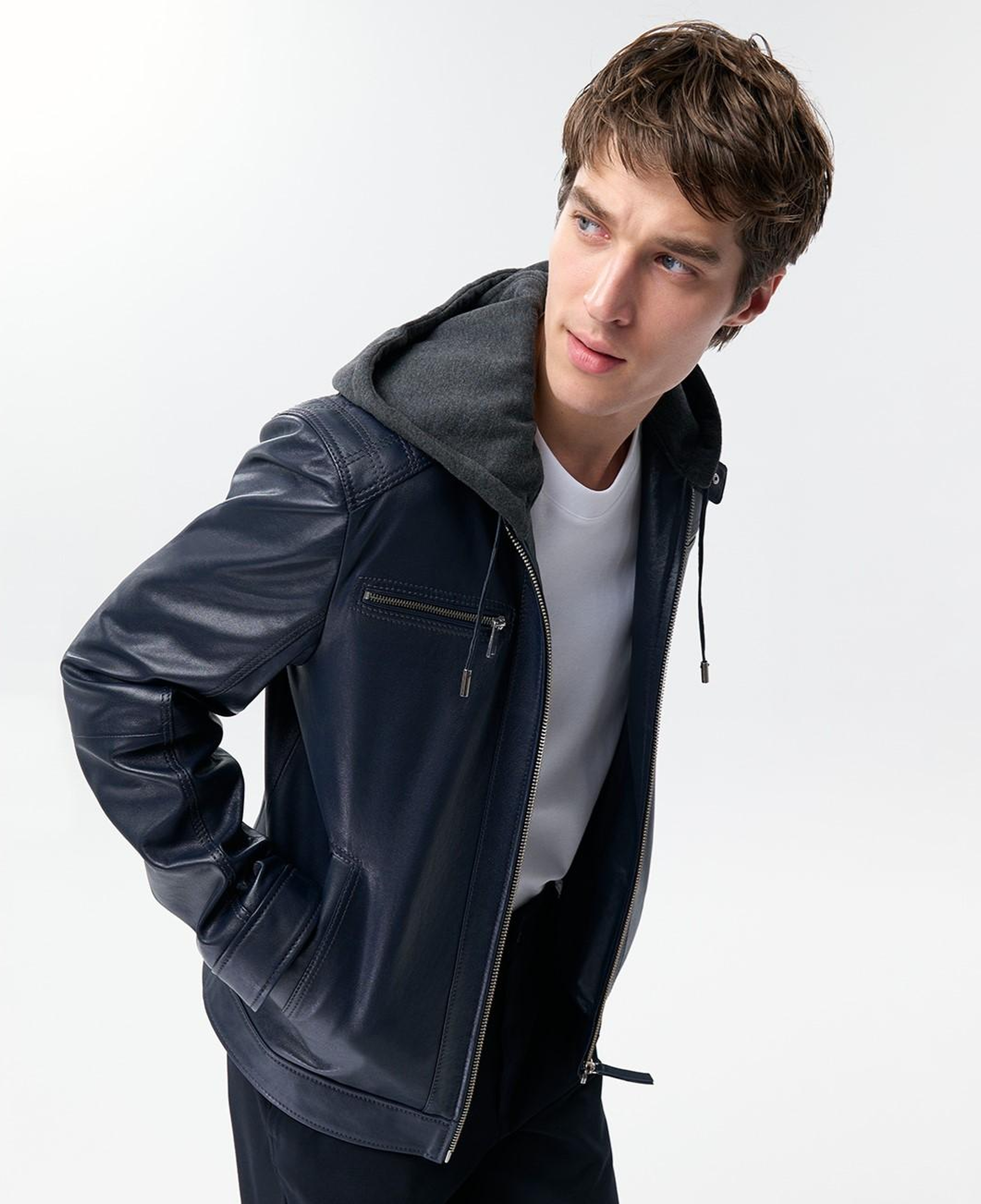 Analu Mavi Erkek Kapüşonlu Deri Mont