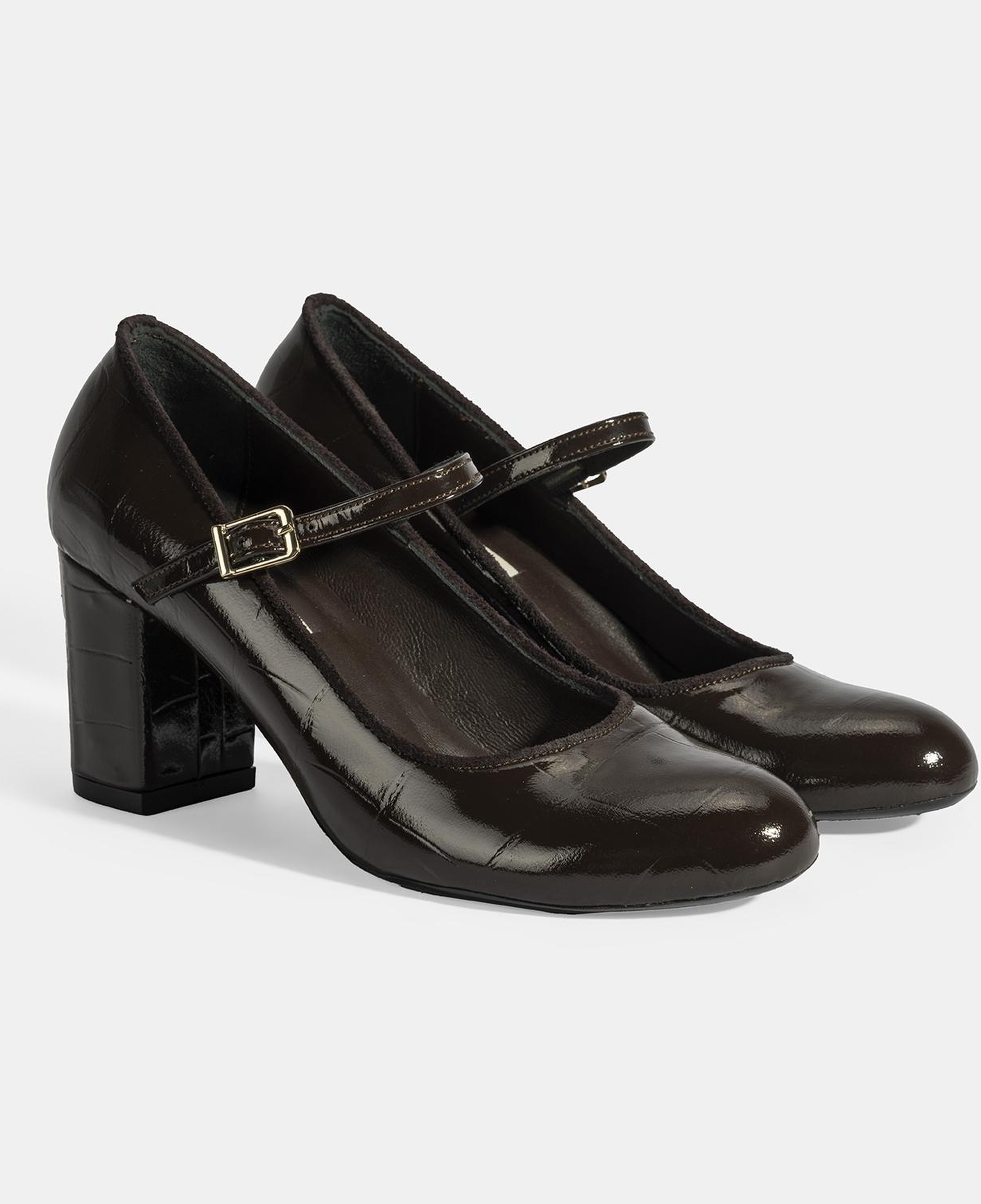 Kadın Kahve Ayarlanabilir Metal Tokalı Mary Jane Topuklu Ayakkabı