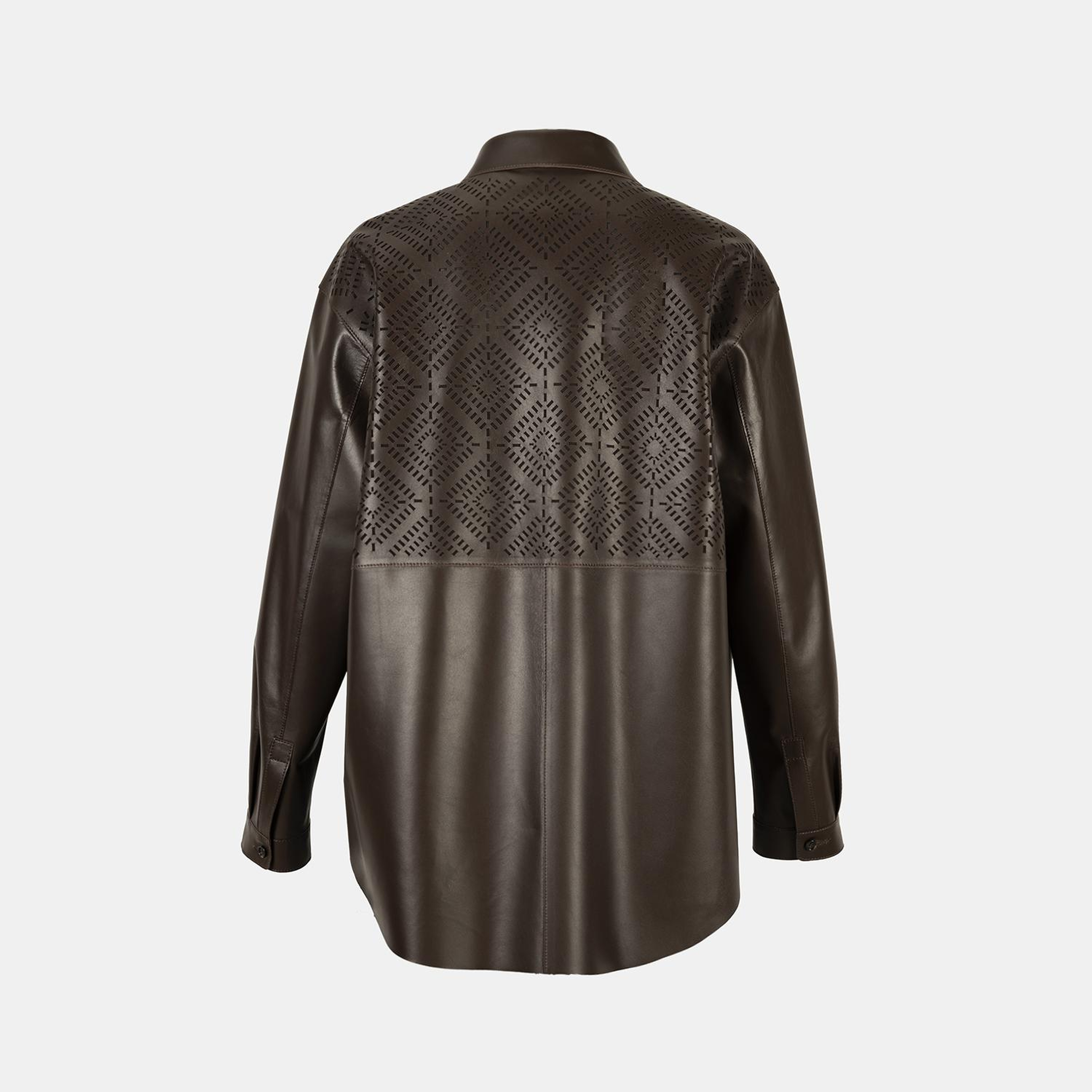 Kadın Kahve Lazer Kesimli Geometrik Desenli Deri Gömlek