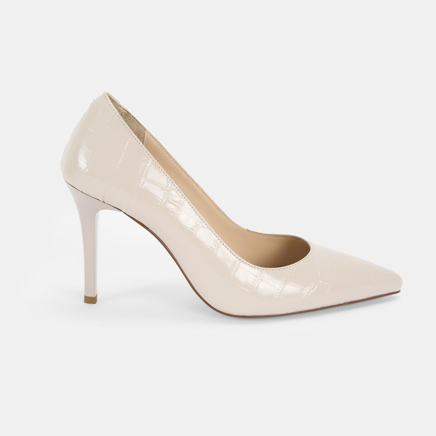 Kadın Krem Kroko Baskılı Deri Klasik Ayakkabı