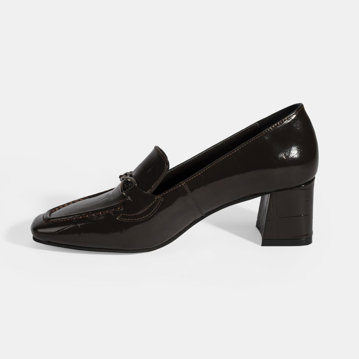 Kadın Kahve Kroko Baskılı Topuklu Rugan Loafer