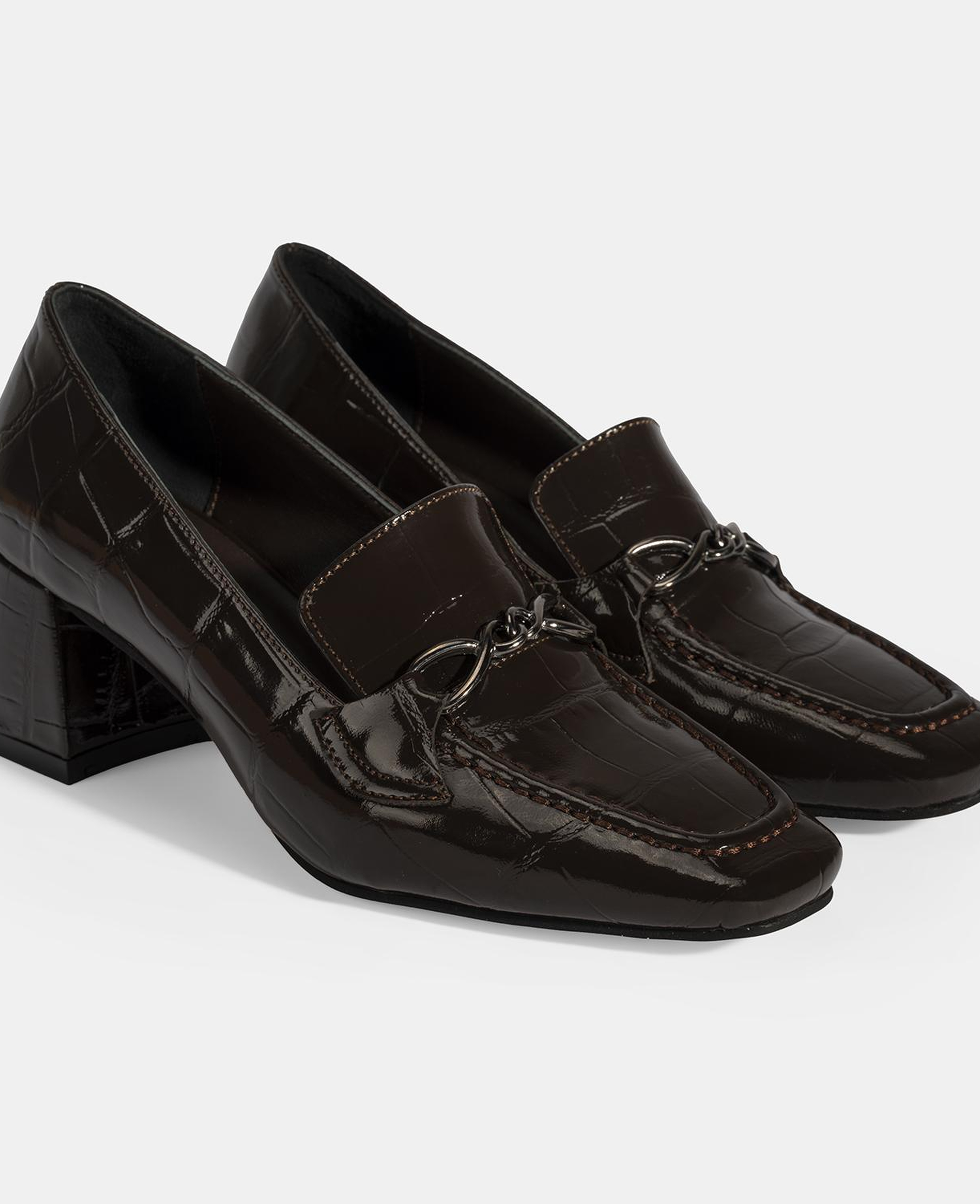 Kadın Kahve Kroko Baskılı Topuklu Rugan Loafer