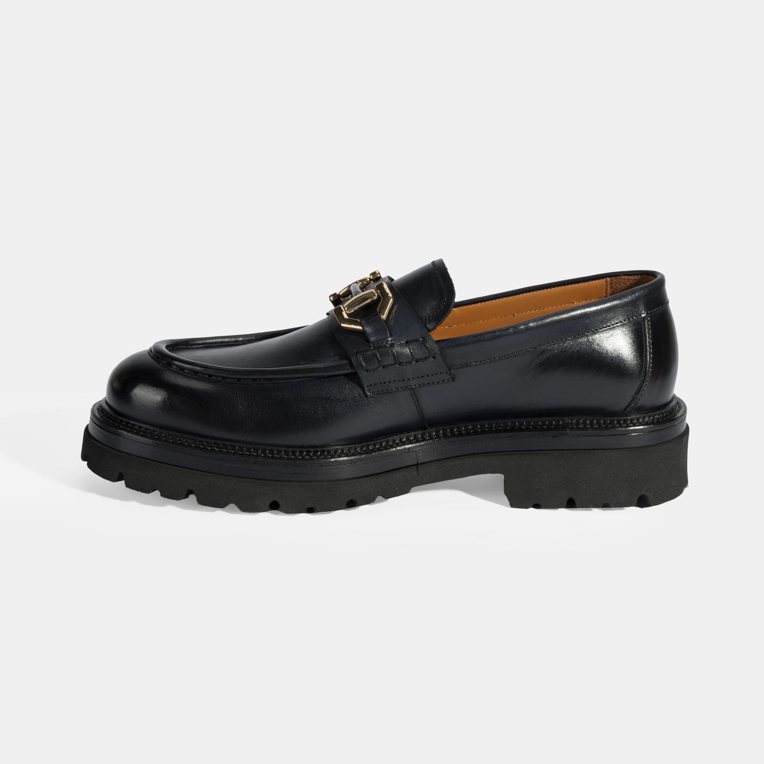 Erkek Lacivert Metal Toka Detaylı Deri Loafer
