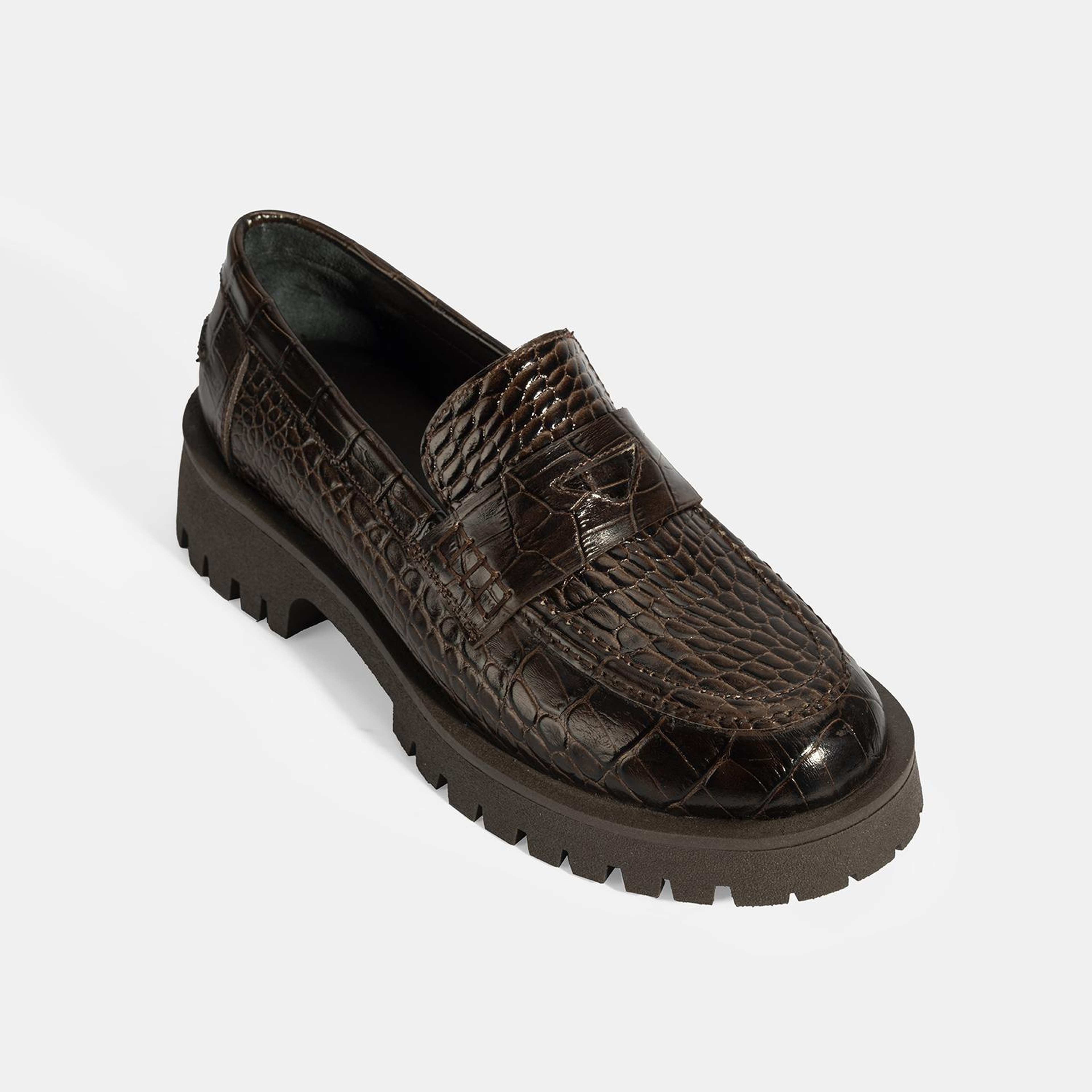 Kadın Kahve Kroko Basklı Deri Loafer