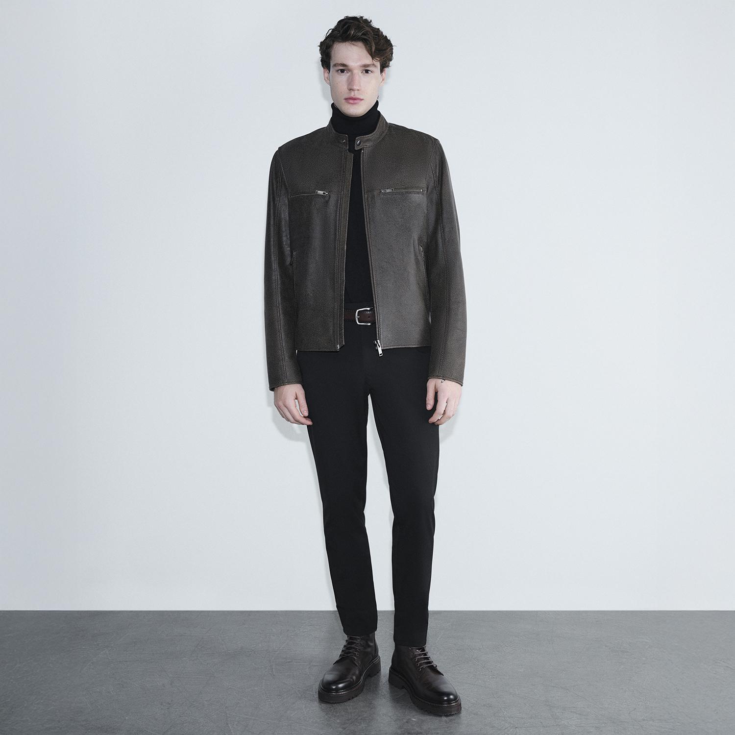 Erkek Kahve Hakim Yakalı Fit Deri Ceket