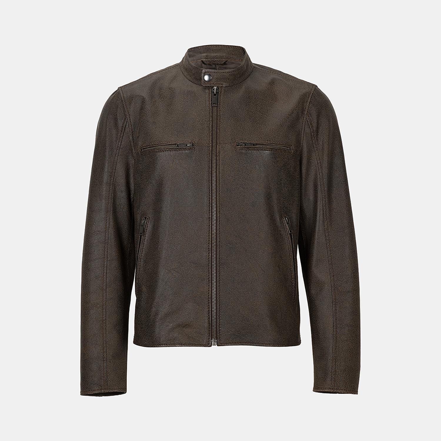 Erkek Kahve Hakim Yakalı Fit Deri Ceket