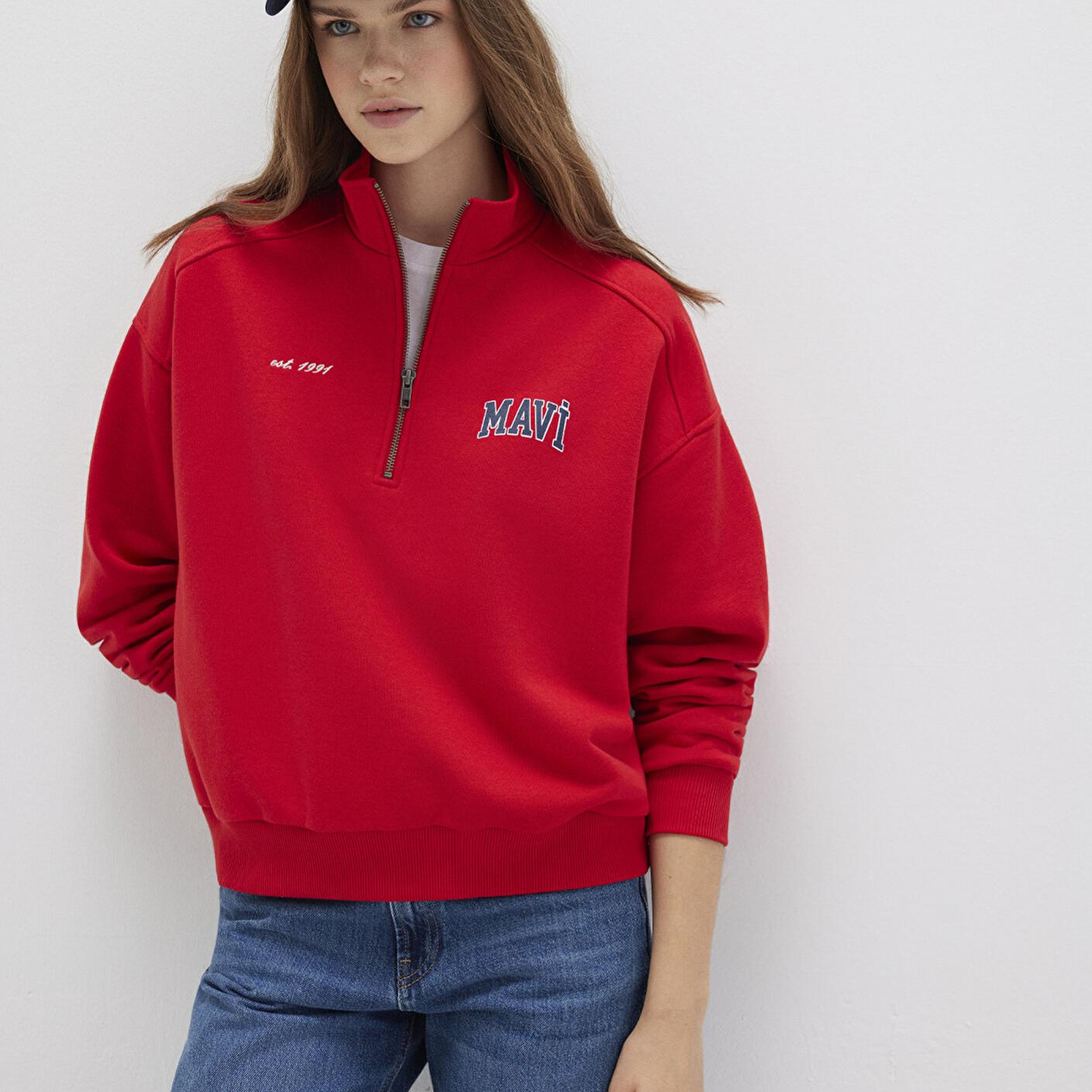 Mavi Mavi Logo Baskılı Yarı Fermuarlı Kırmızı Sweatshirt 1S10373-90742