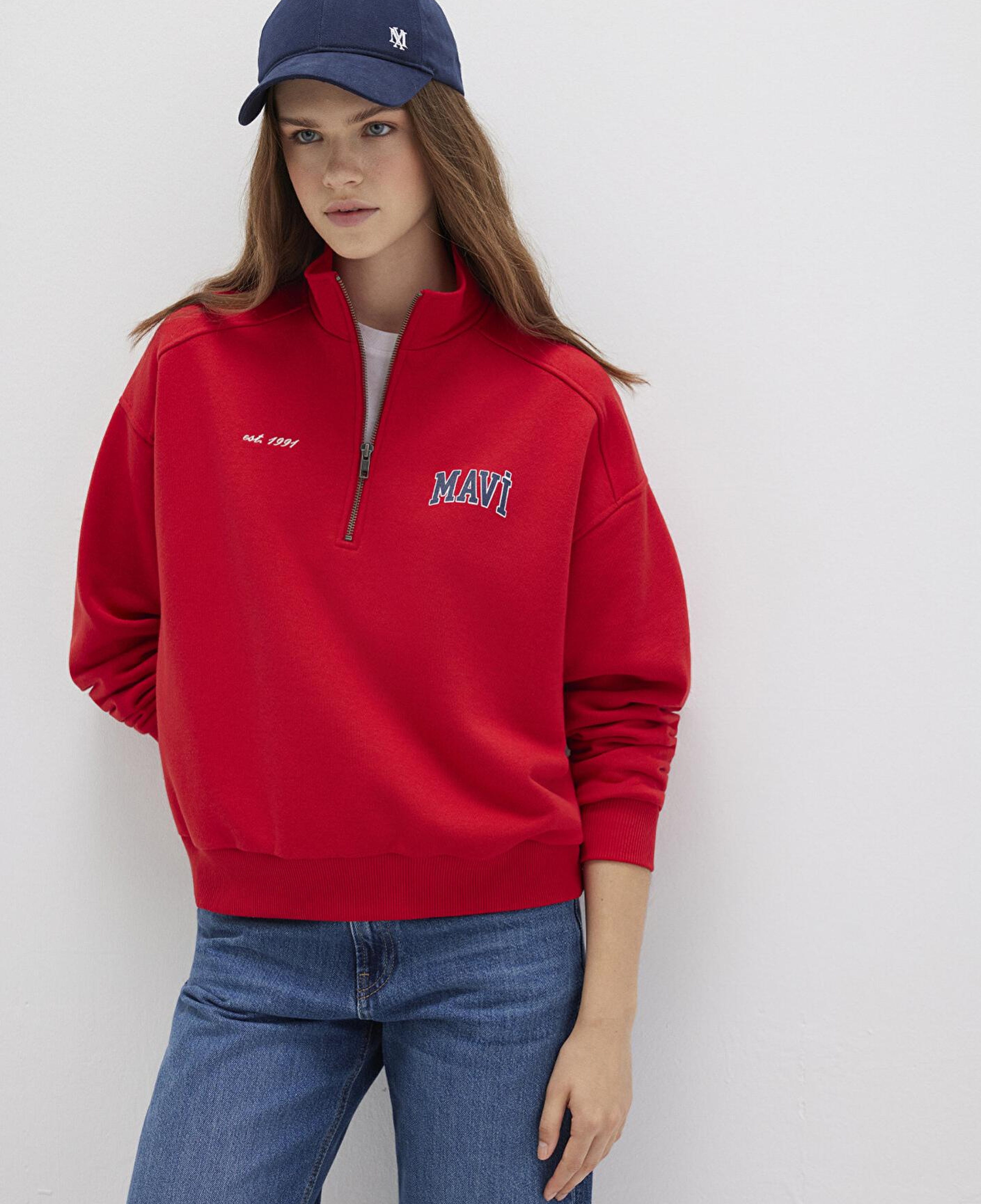 Mavi Mavi Logo Baskılı Yarı Fermuarlı Kırmızı Sweatshirt 1S10373-90742