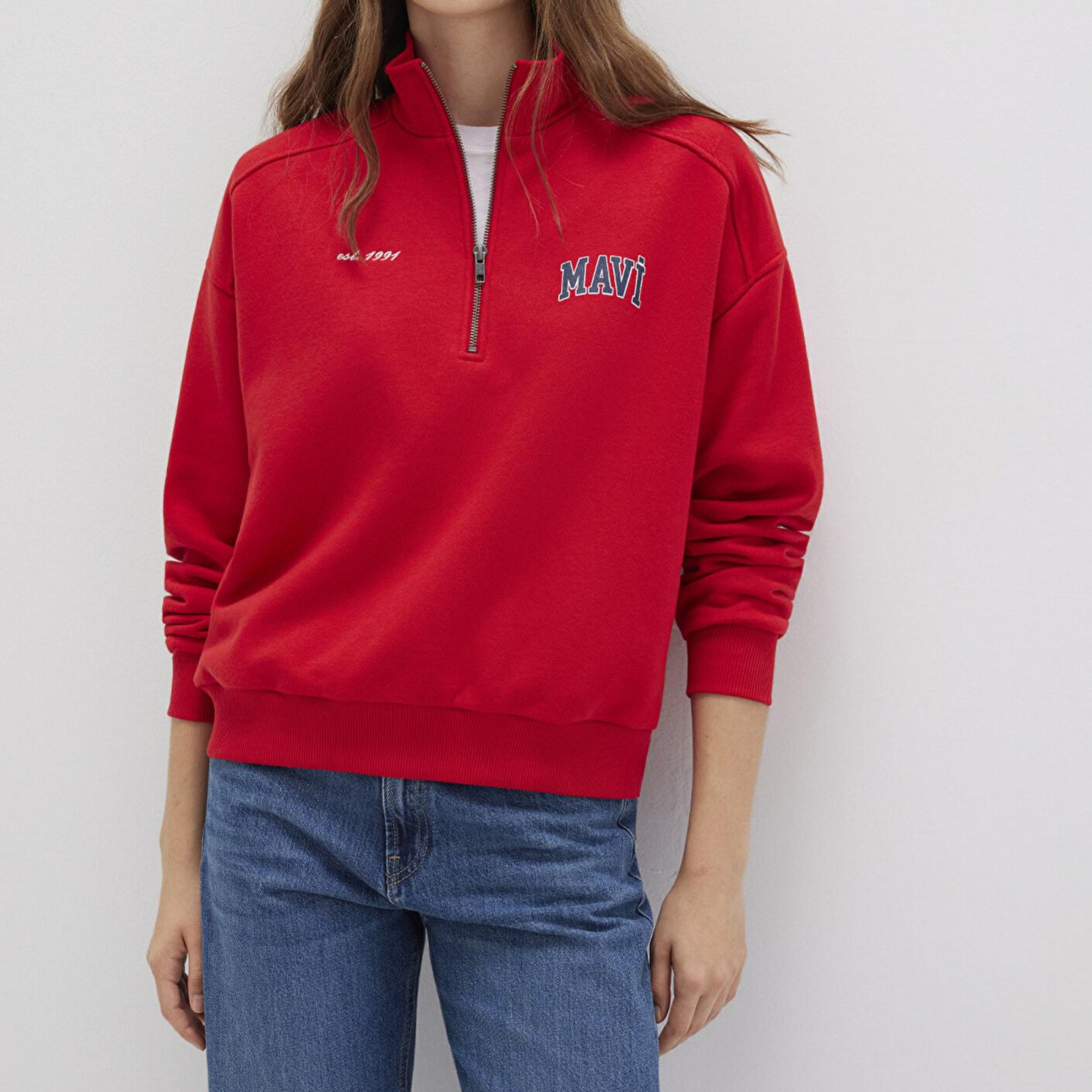 Mavi Mavi Logo Baskılı Yarı Fermuarlı Kırmızı Sweatshirt 1S10373-90742