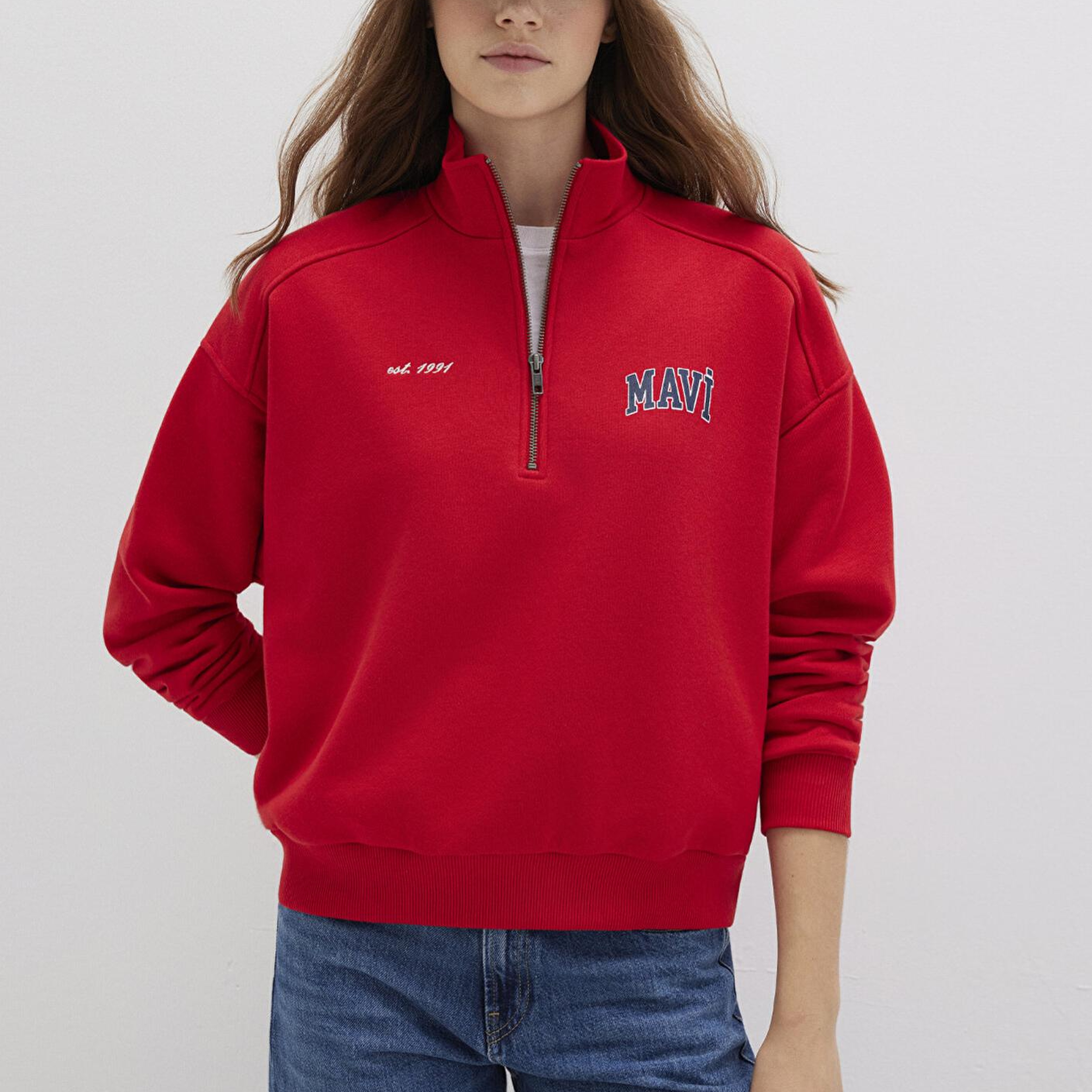 Mavi Mavi Logo Baskılı Yarı Fermuarlı Kırmızı Sweatshirt 1S10373-90742