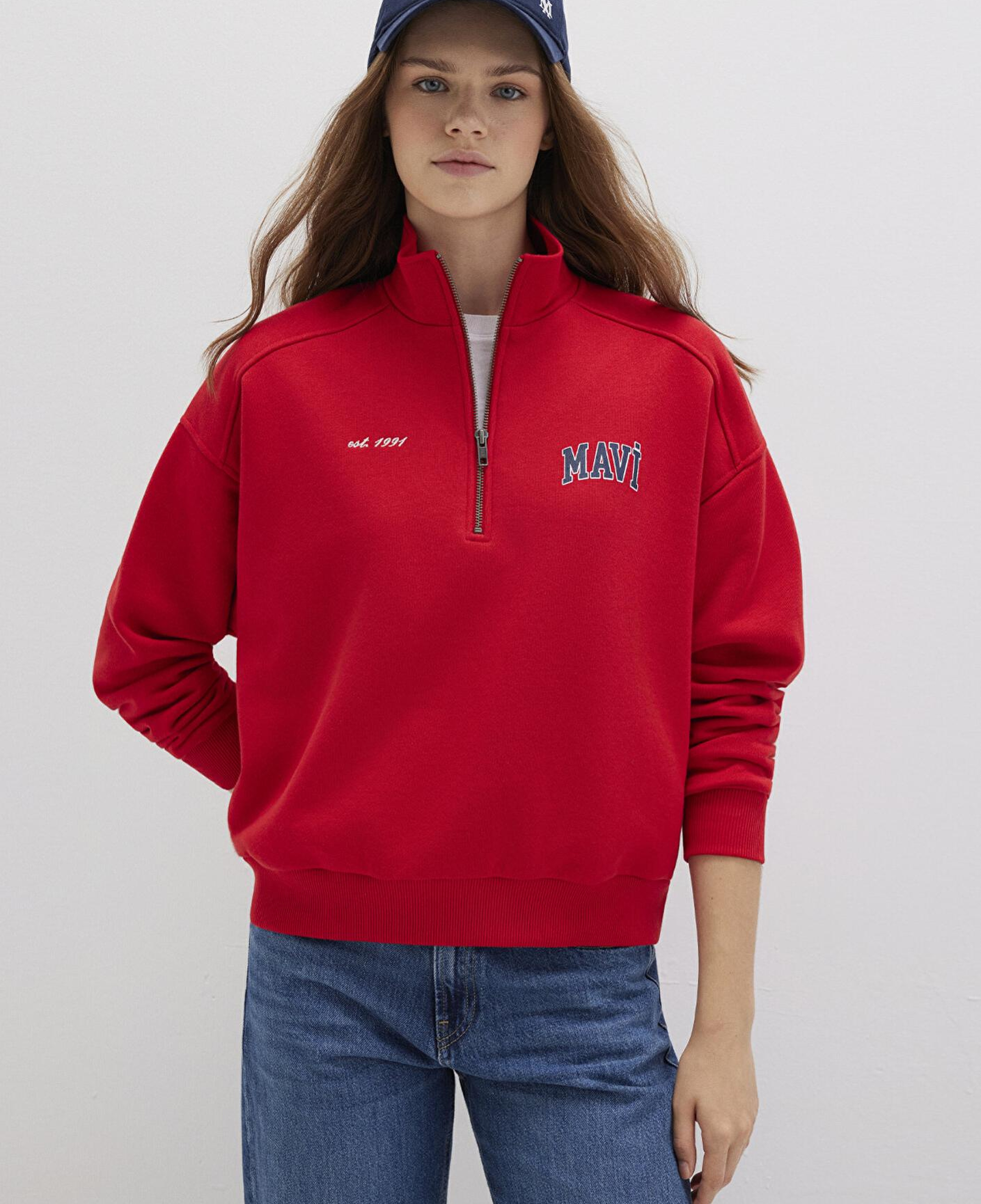 Mavi Mavi Logo Baskılı Yarı Fermuarlı Kırmızı Sweatshirt 1S10373-90742