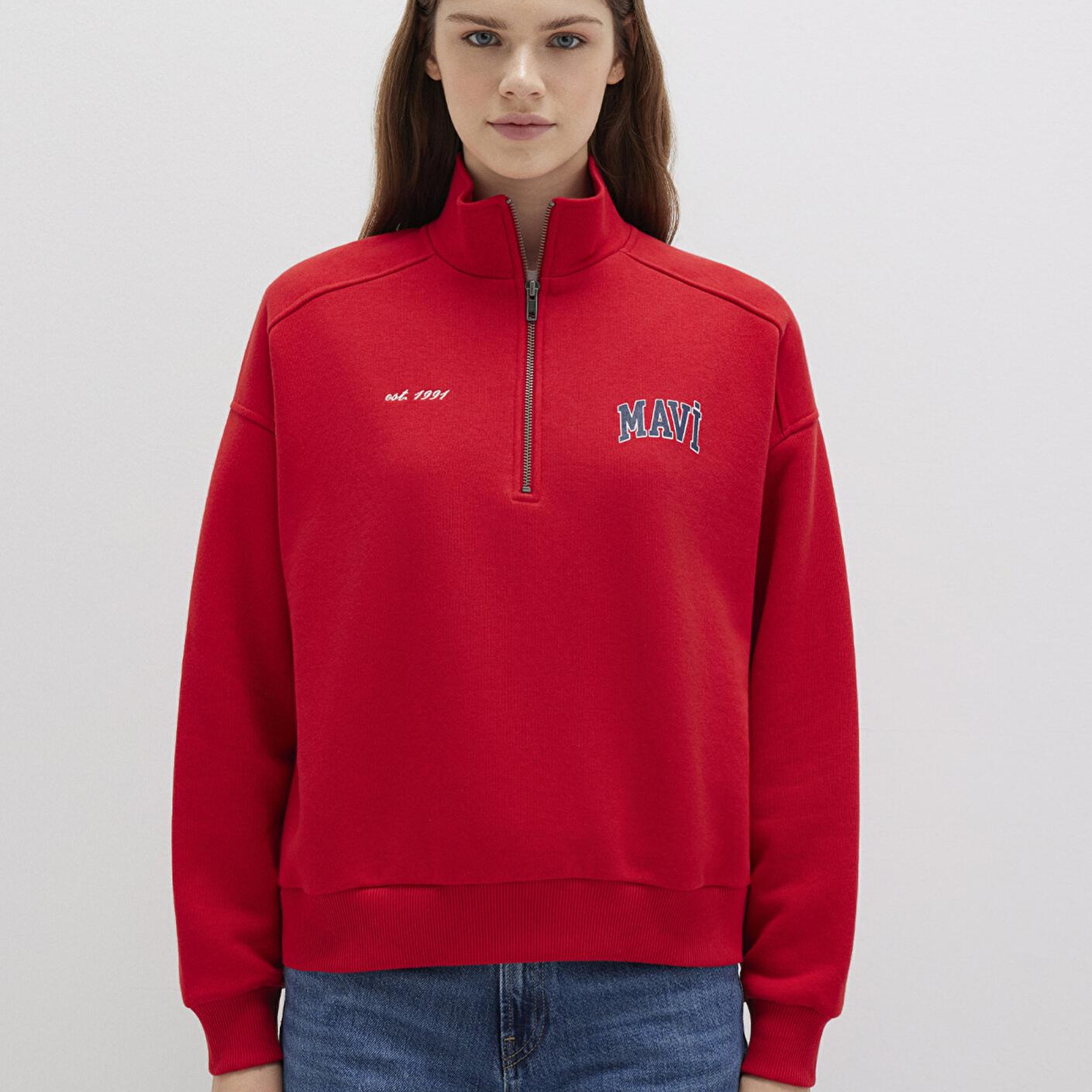 Mavi Mavi Logo Baskılı Yarı Fermuarlı Kırmızı Sweatshirt 1S10373-90742