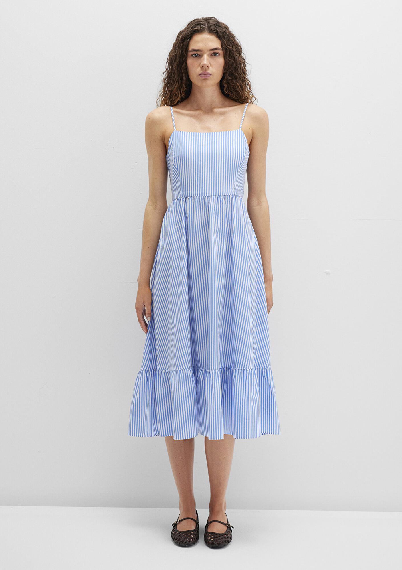 Mavi Fiyonk Detaylı Çizgili Mavi Elbise 1310795-86599