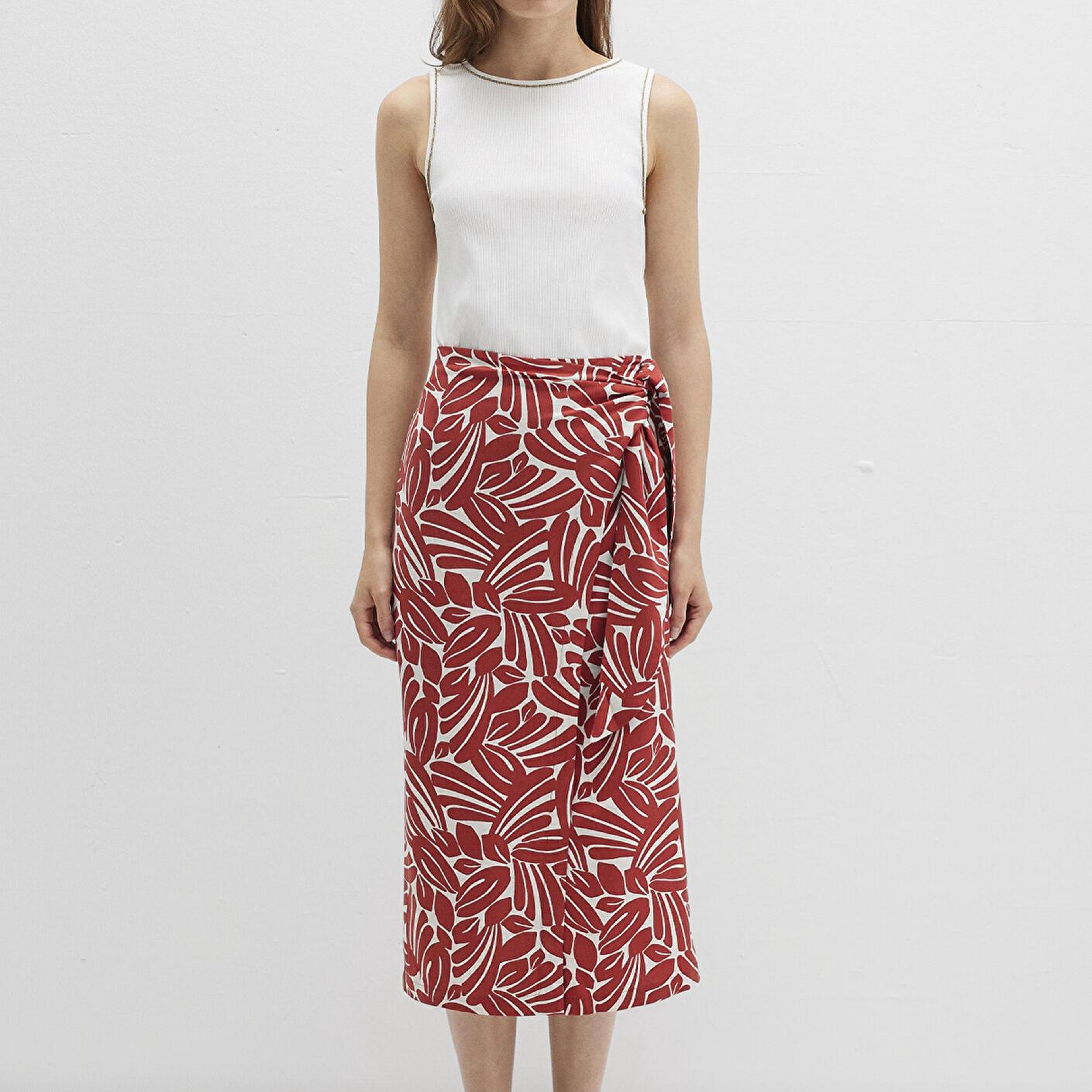 Mavi Bağlama Detaylı Baskılı Kırmızı Etek 1310765-91314