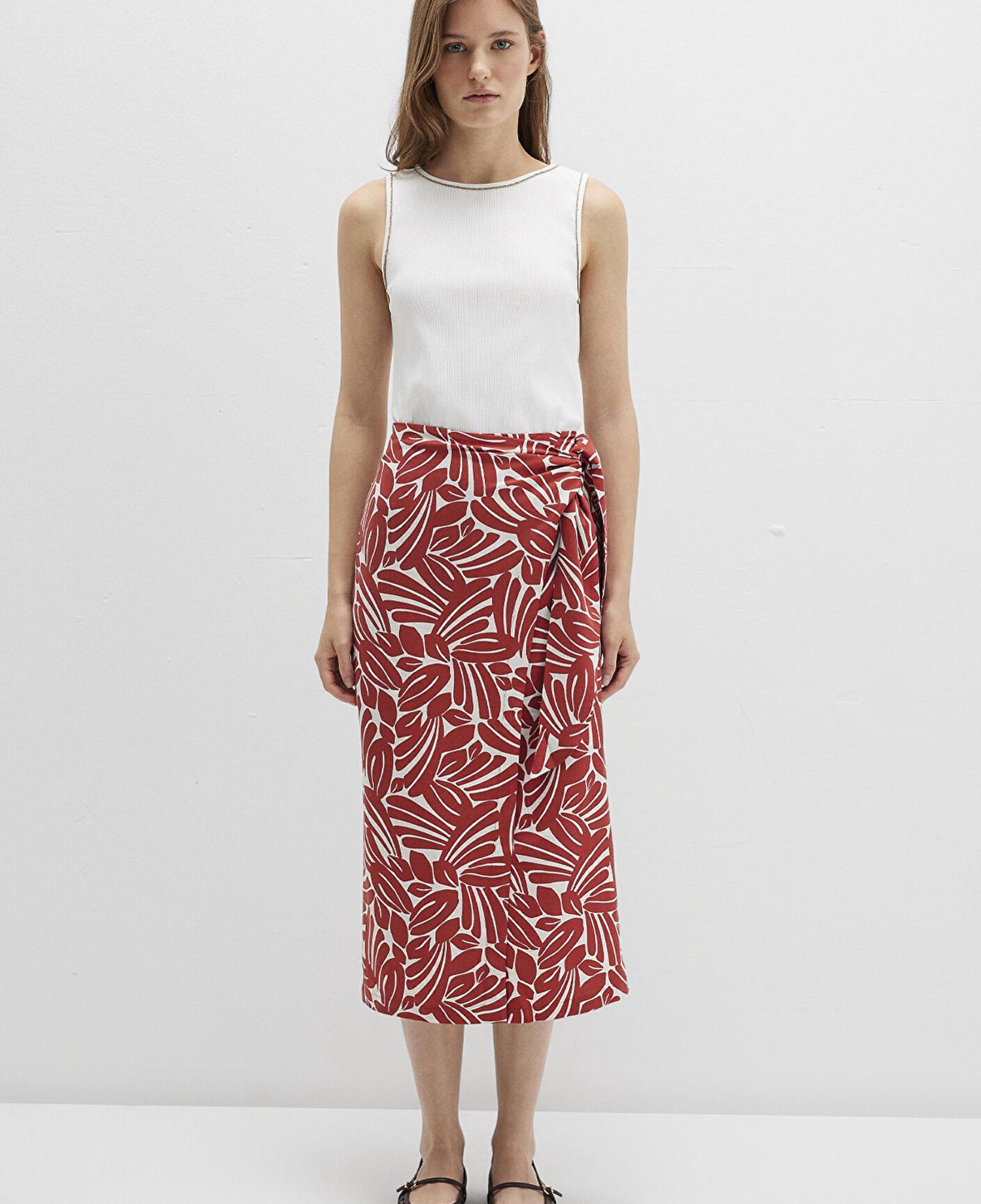 Mavi Bağlama Detaylı Baskılı Kırmızı Etek 1310765-91314