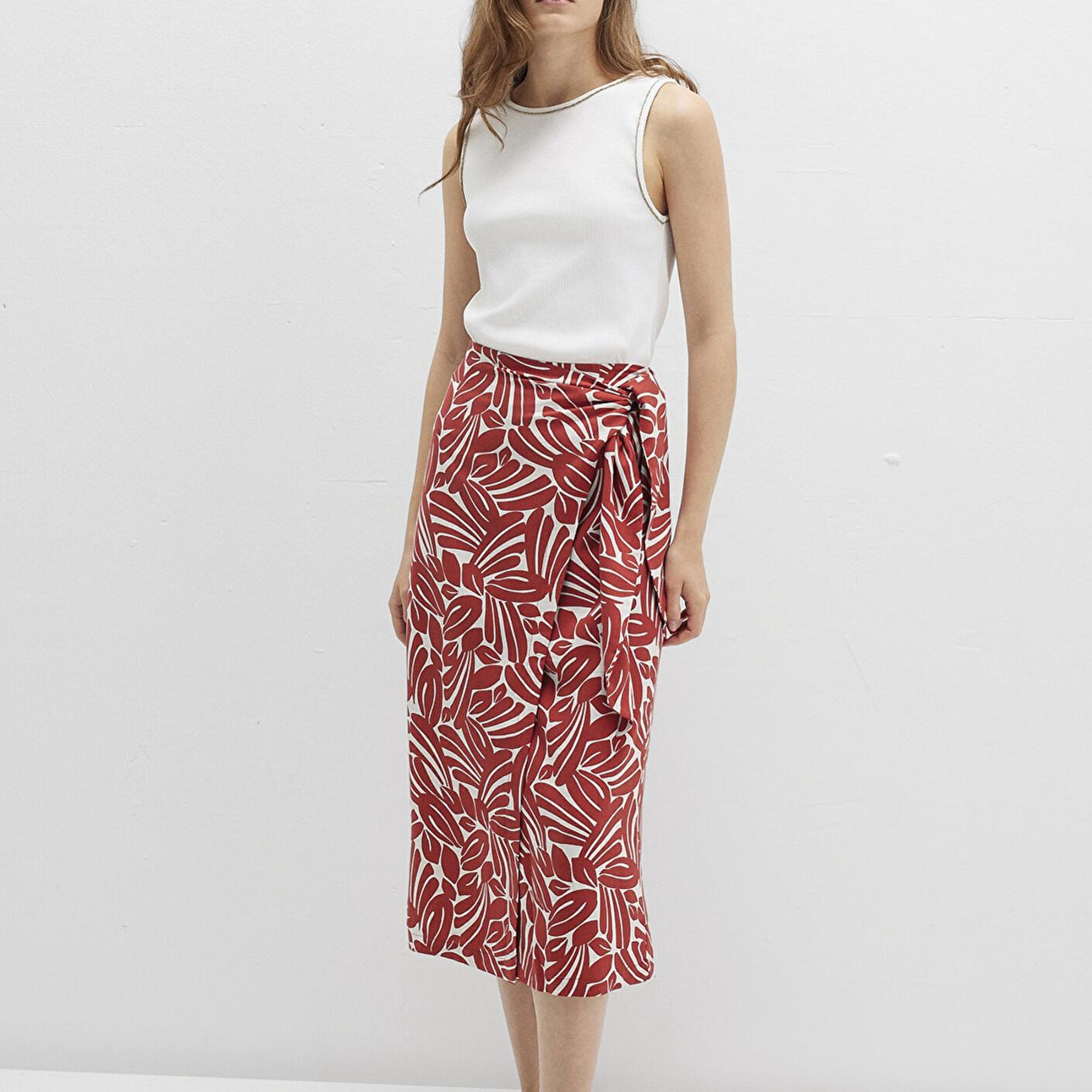 Mavi Bağlama Detaylı Baskılı Kırmızı Etek 1310765-91314