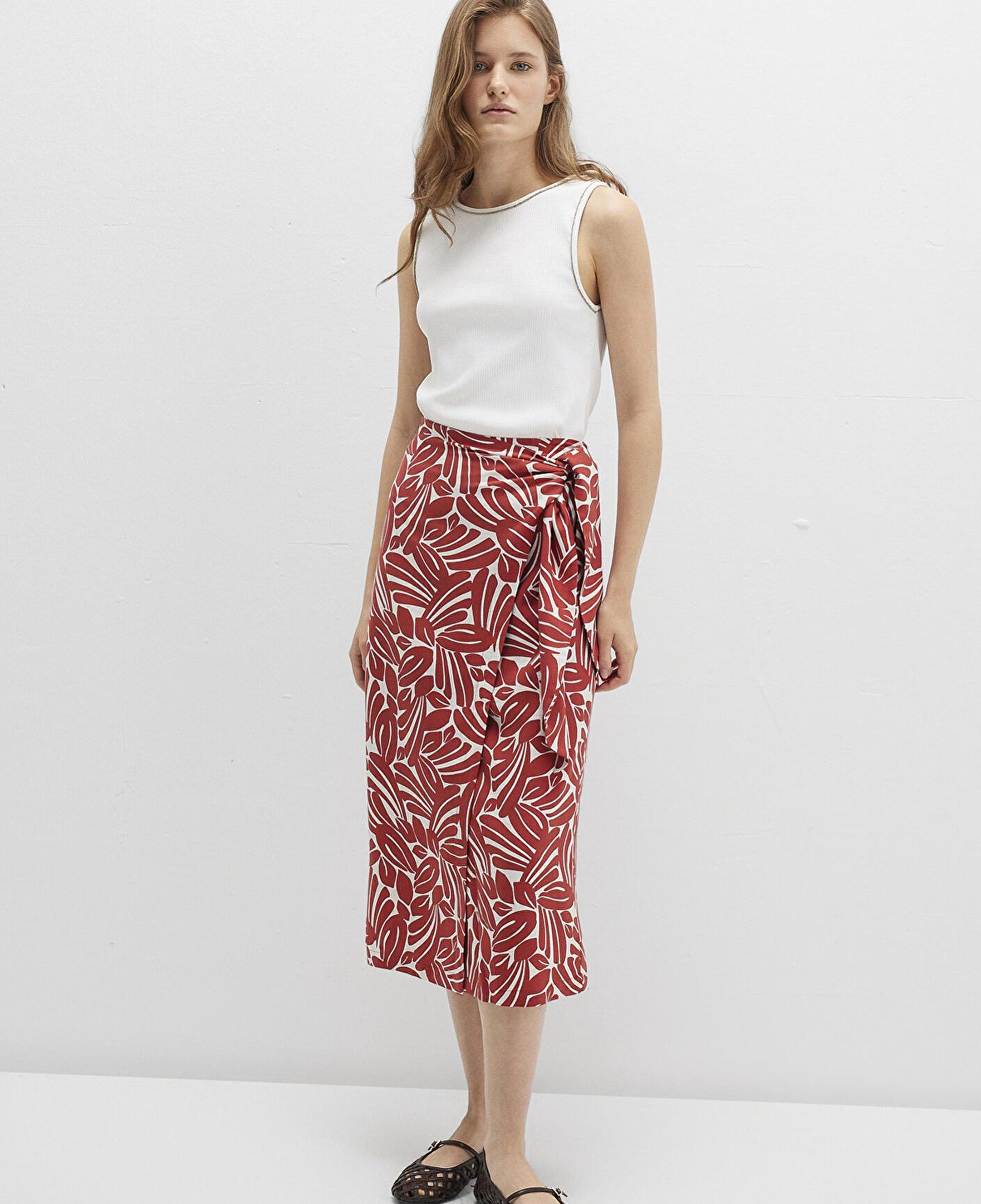 Mavi Bağlama Detaylı Baskılı Kırmızı Etek 1310765-91314