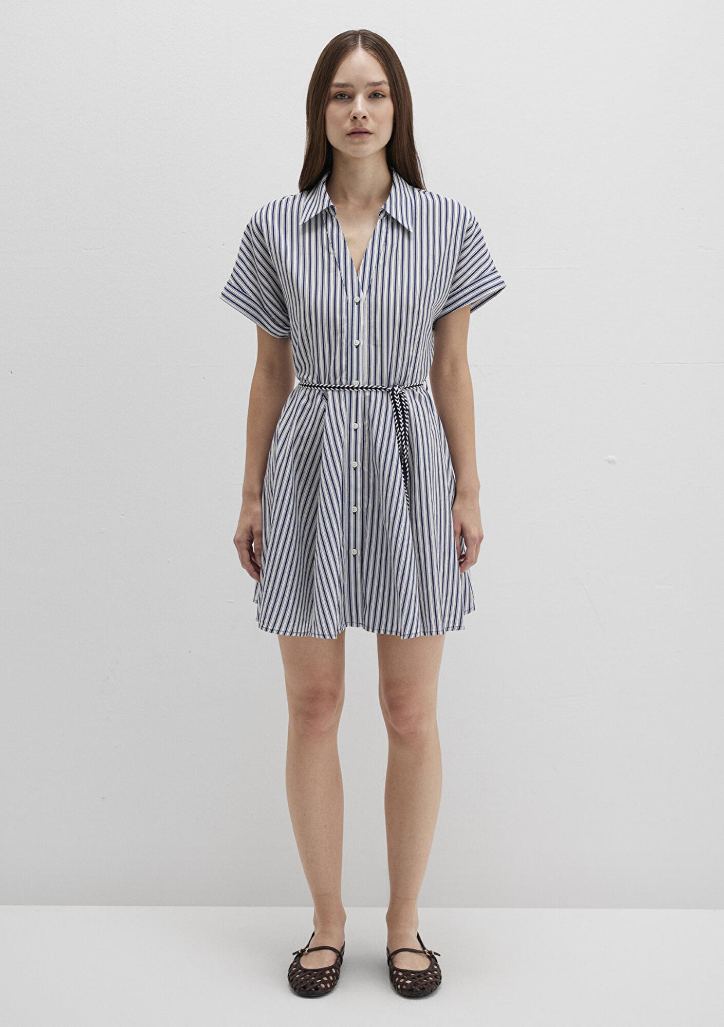 Mavi Çizgili Beli Bağcıklı Mini Elbise 1310763-91086