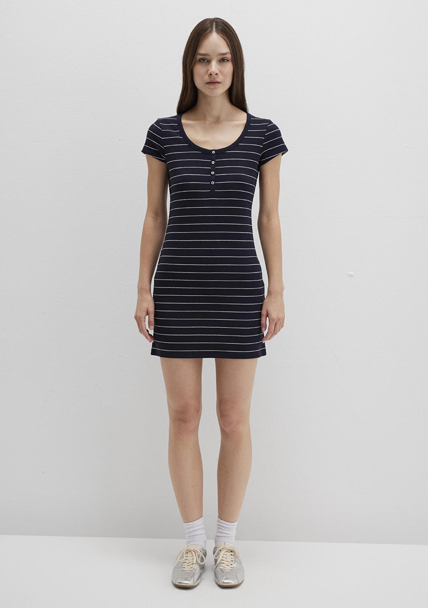 Mavi Çizgili Örme Elbise 1310774-91103